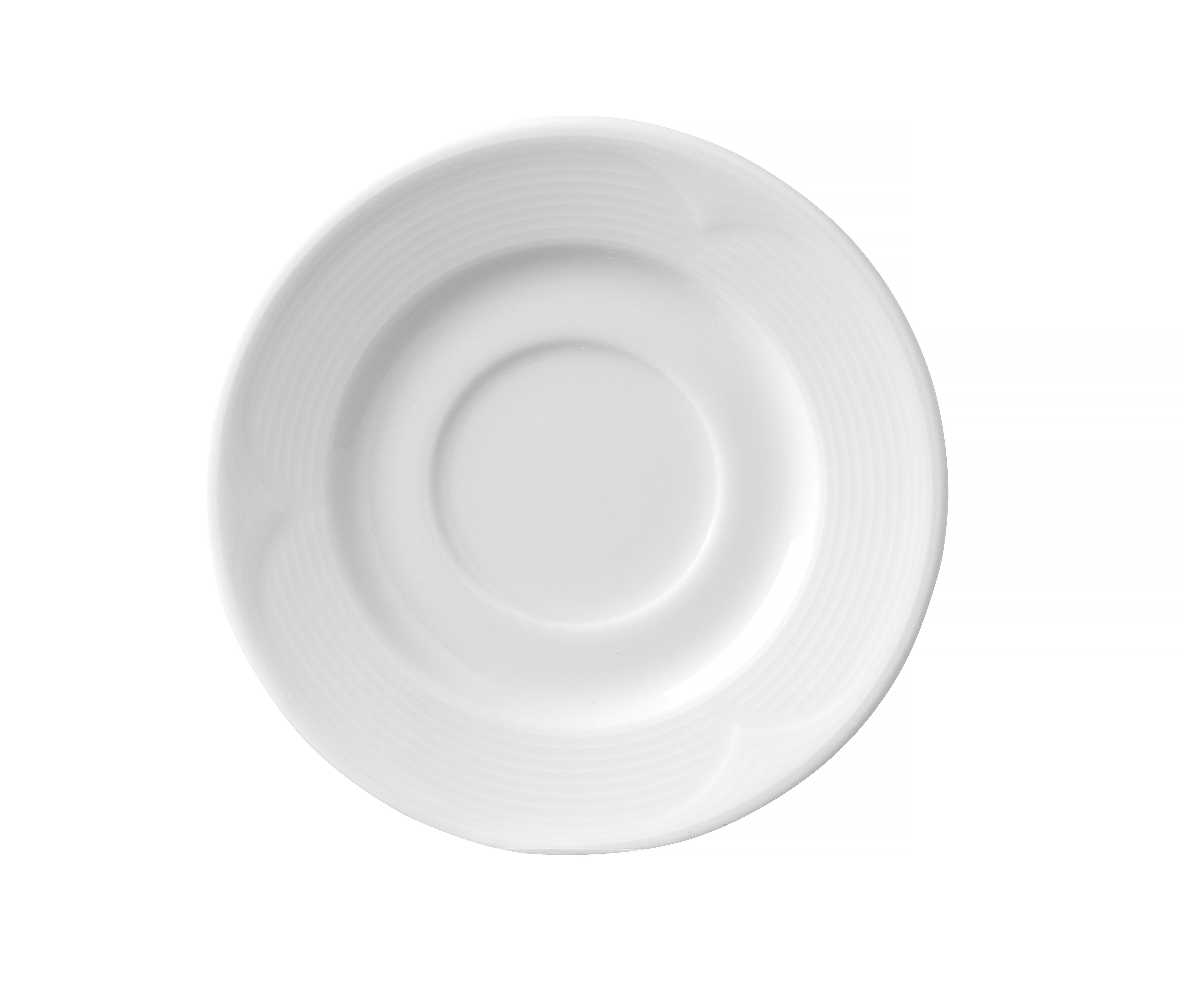 Un piattino bianco con un'indentazione centrale e un design a coste sul bordo.