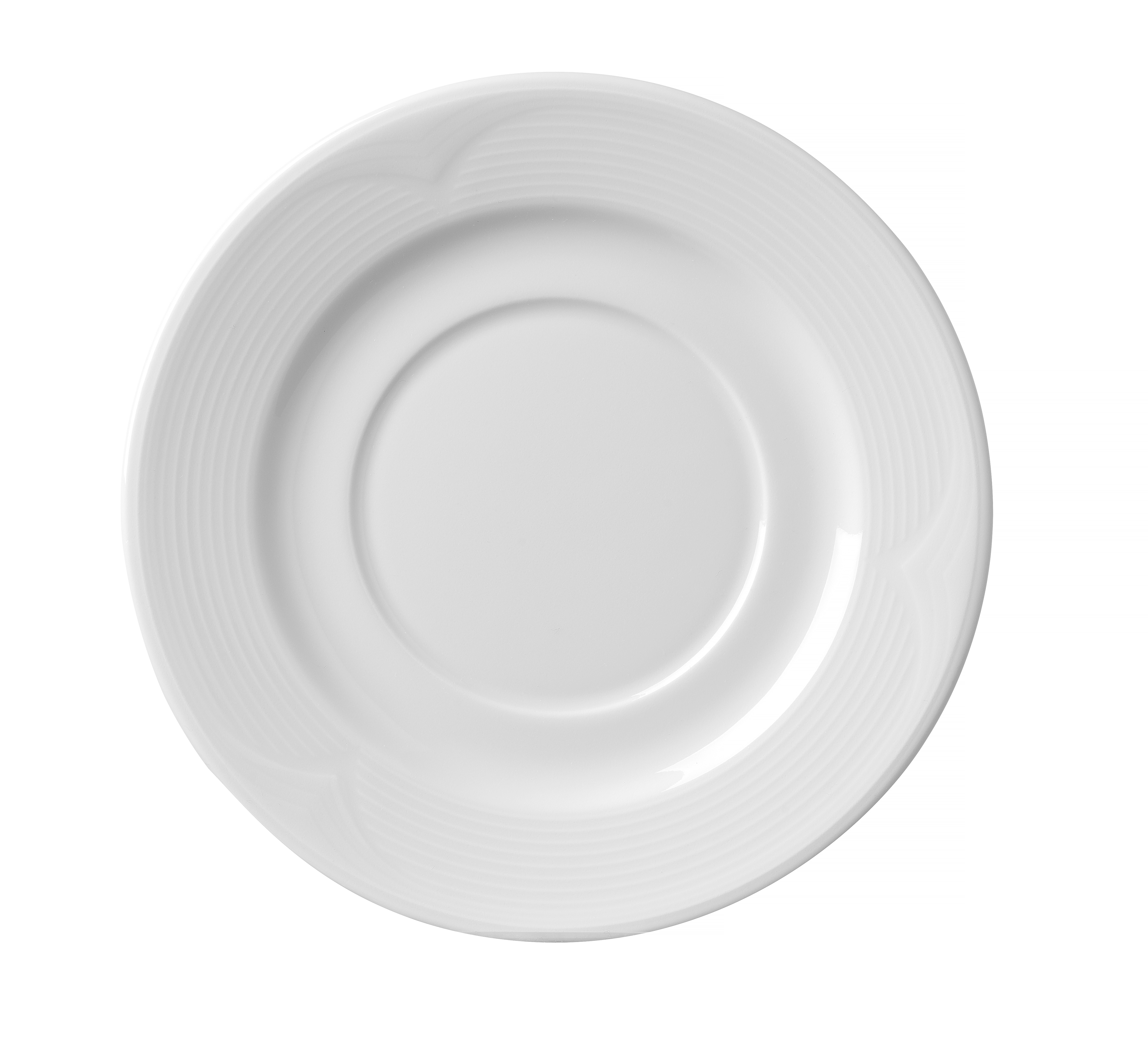 Un piatto bianco con un design circolare e bordo decorato, contro uno sfondo bianco.