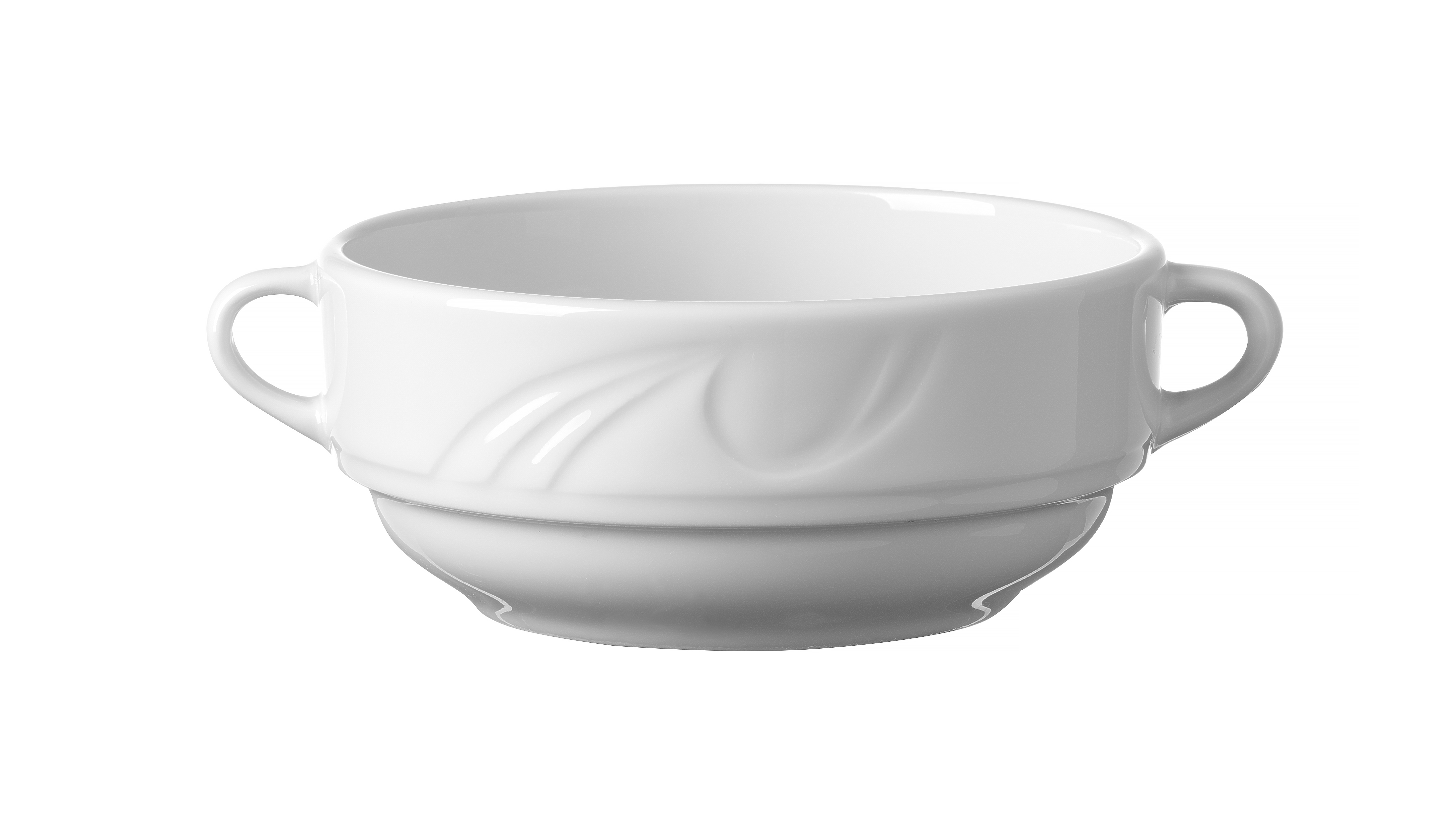 Ciotola bianca per zuppa con due manici. Un design curvo sul lato.