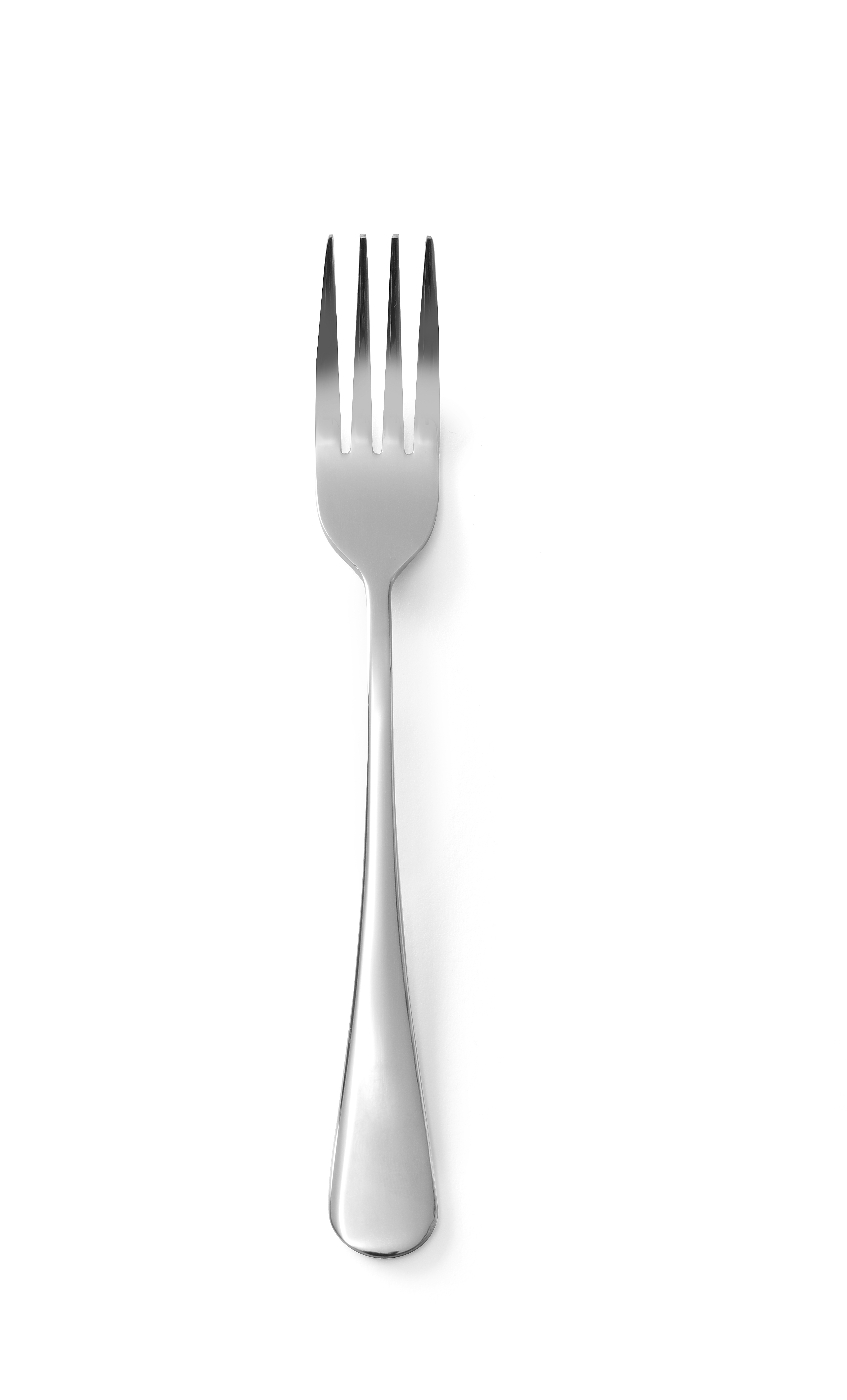 Una forchetta d'argento su sfondo bianco.