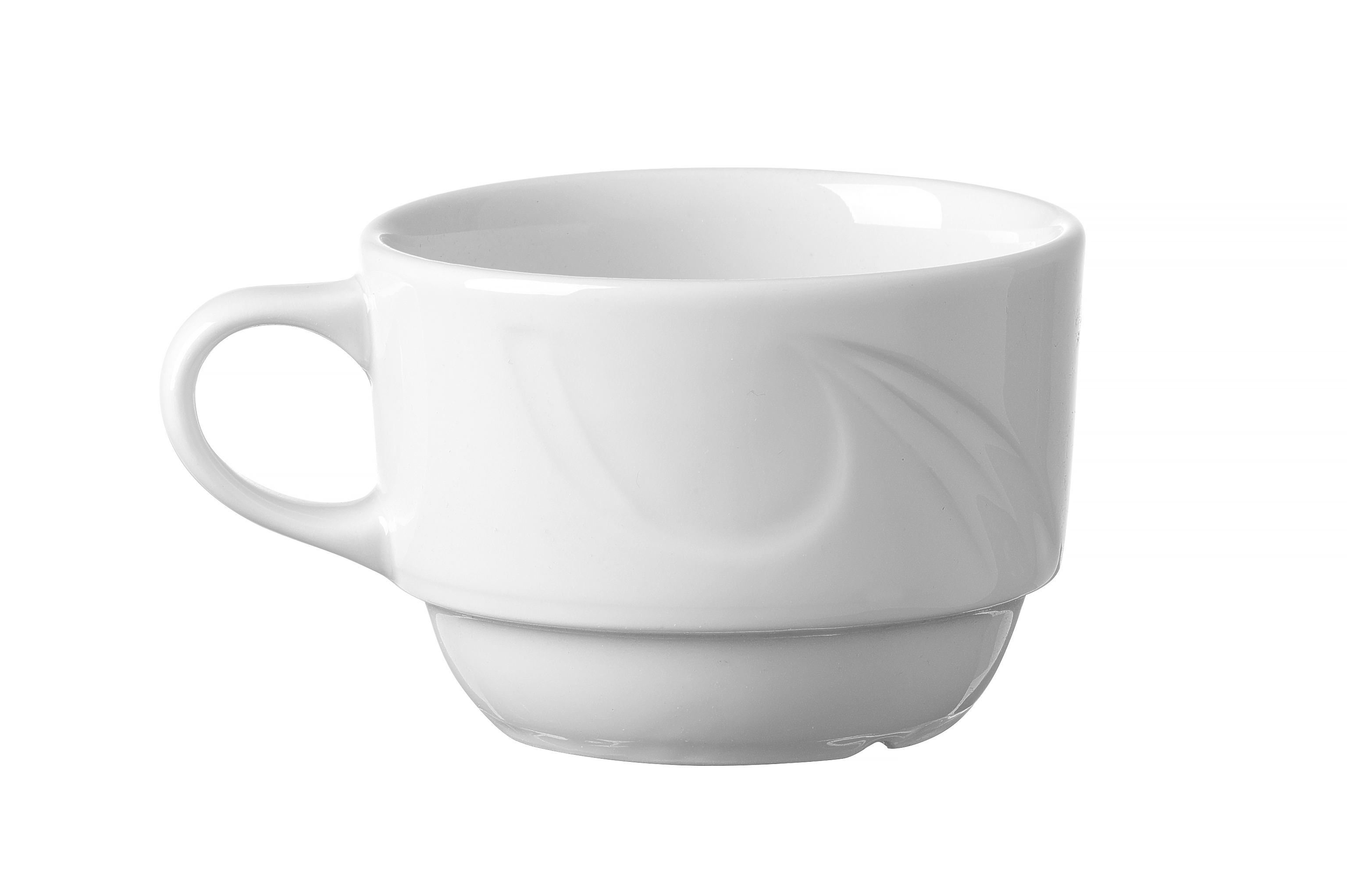 Tazza in ceramica bianca con manico, su sfondo bianco, foto del prodotto.