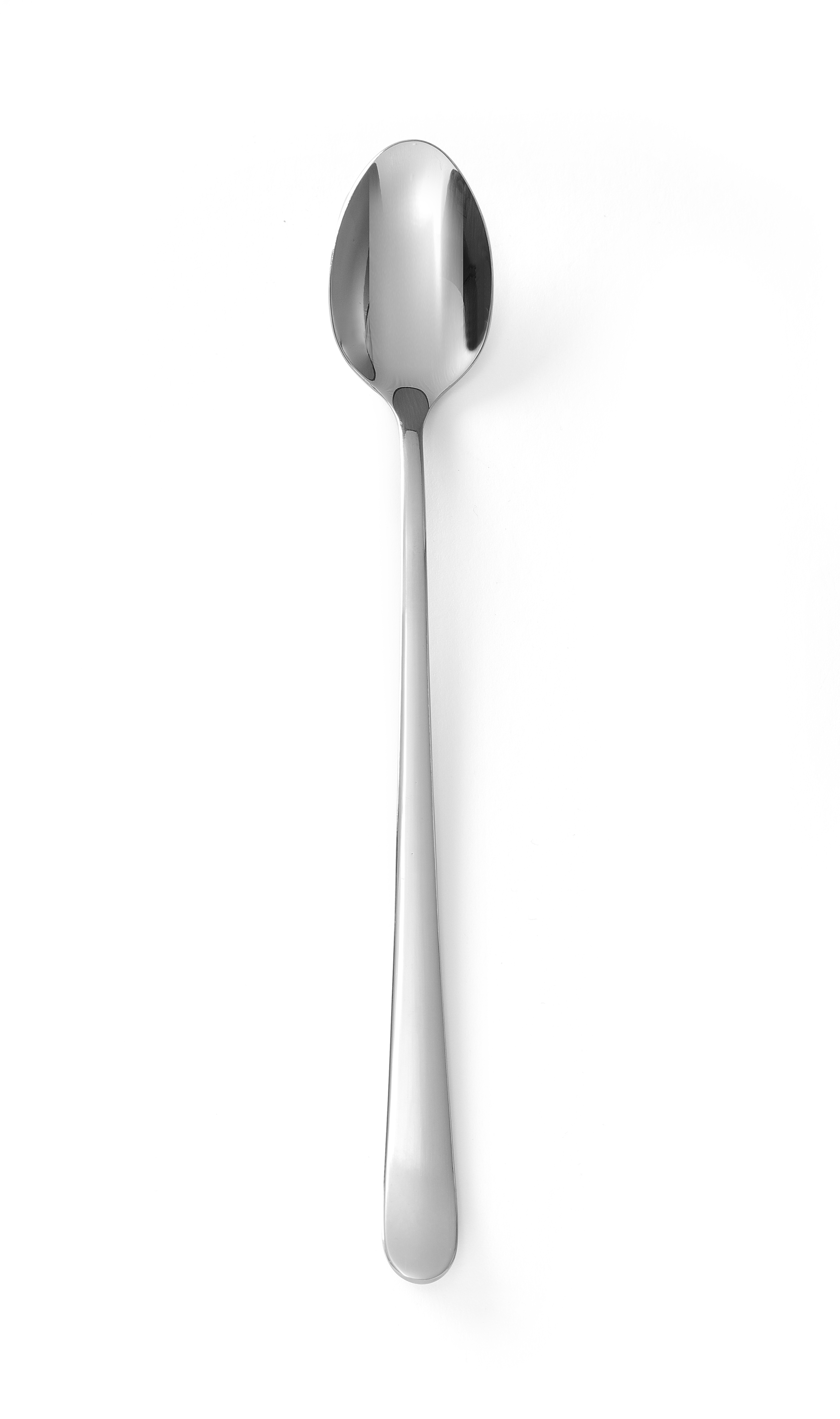Cucchiaio da dessert argentato. Il cucchiaio ha una forma arrotondata ed è su sfondo bianco.