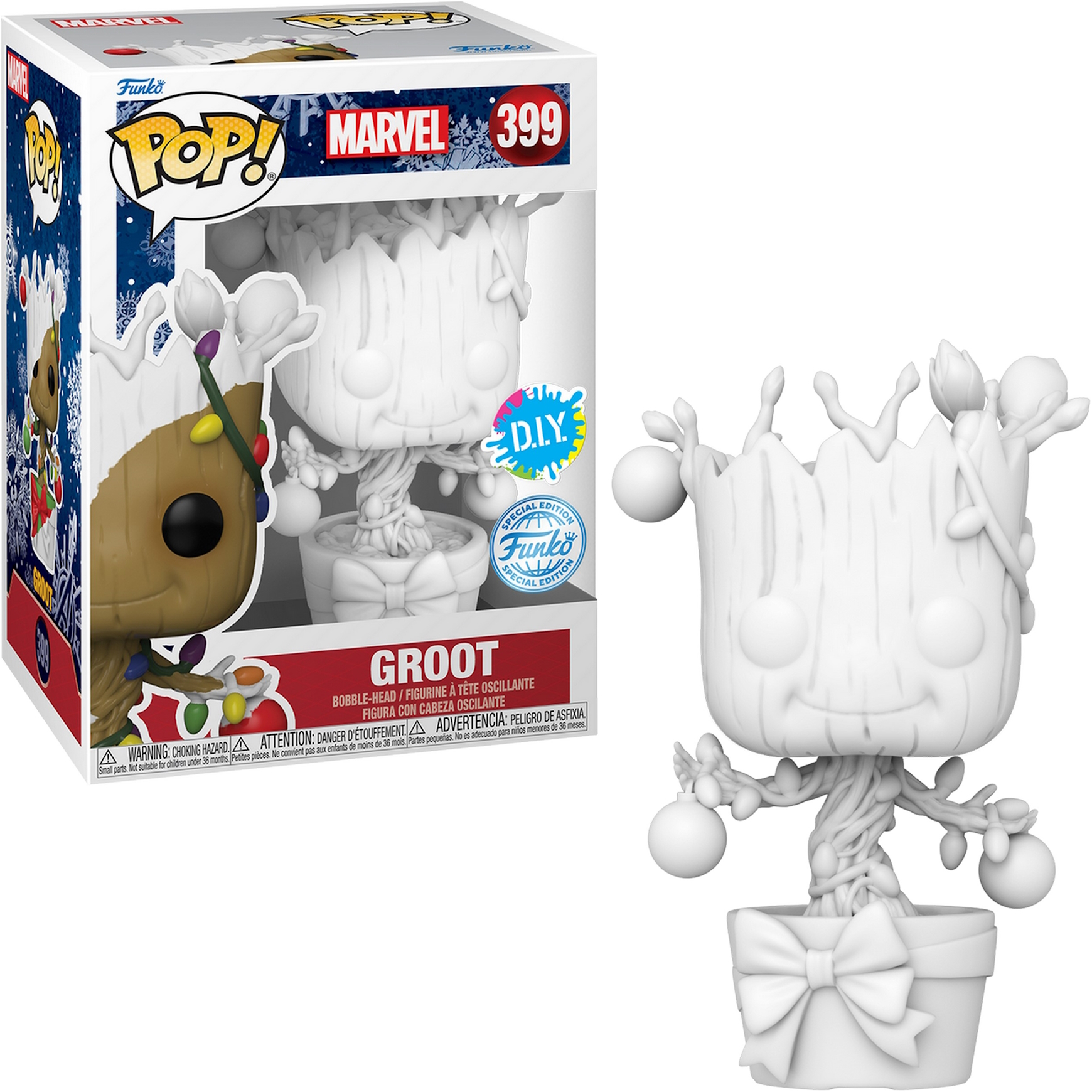 Weiße Groot-Figur mit Ornamenten und Schleife, neben einer Box mit Groot-Illustration.