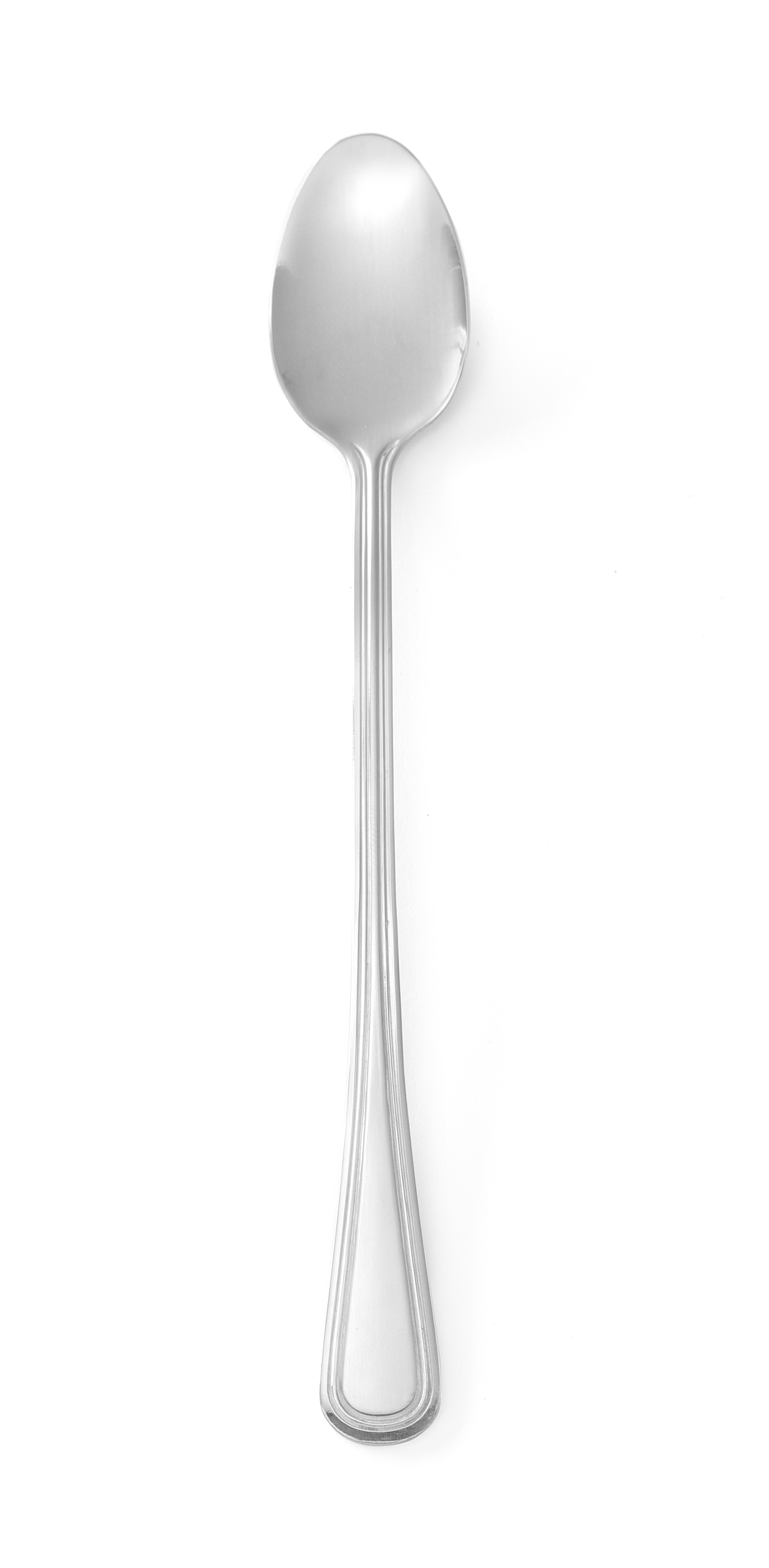 Cucchiaio d'argento su sfondo bianco. Un design lungo e stretto.