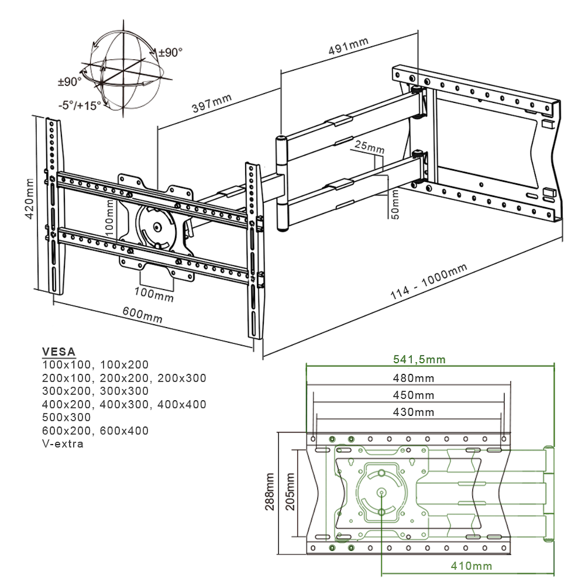 Diagram with dimensions of TV wall mount. Shows mounting points and measurements in mm. Includes a VESA table.