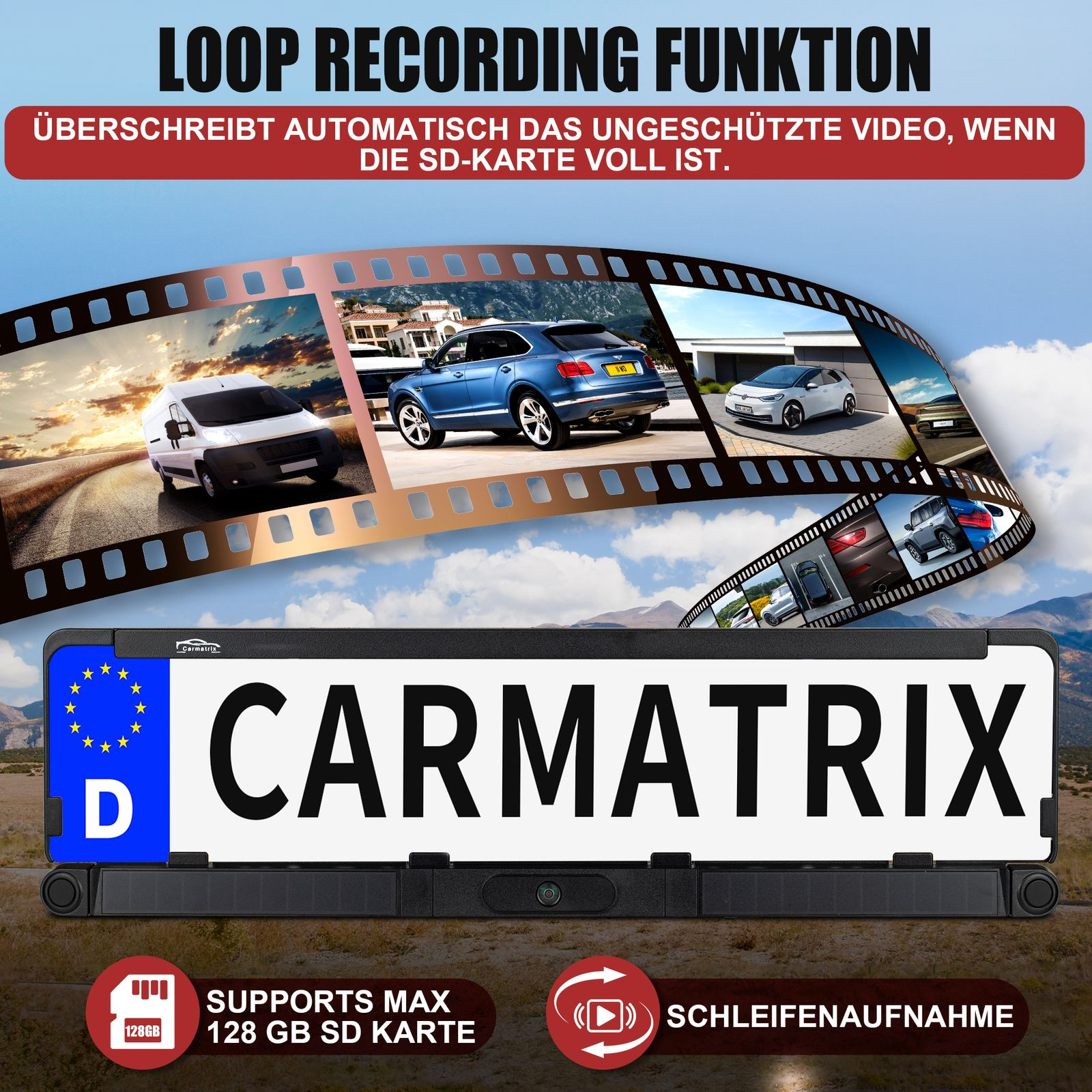 Kfz-Kennzeichen mit Kamera, zeigt Autoszene und Text 'CARMATRIX'.