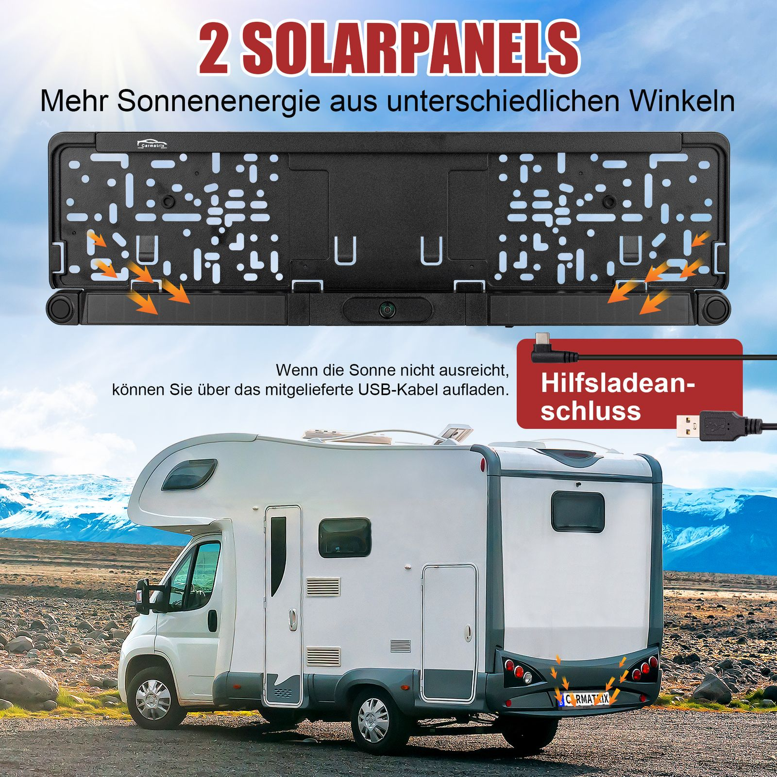 Wohnmobil mit Sonnenkollektoren, USB-Kabel und Straßenansicht.