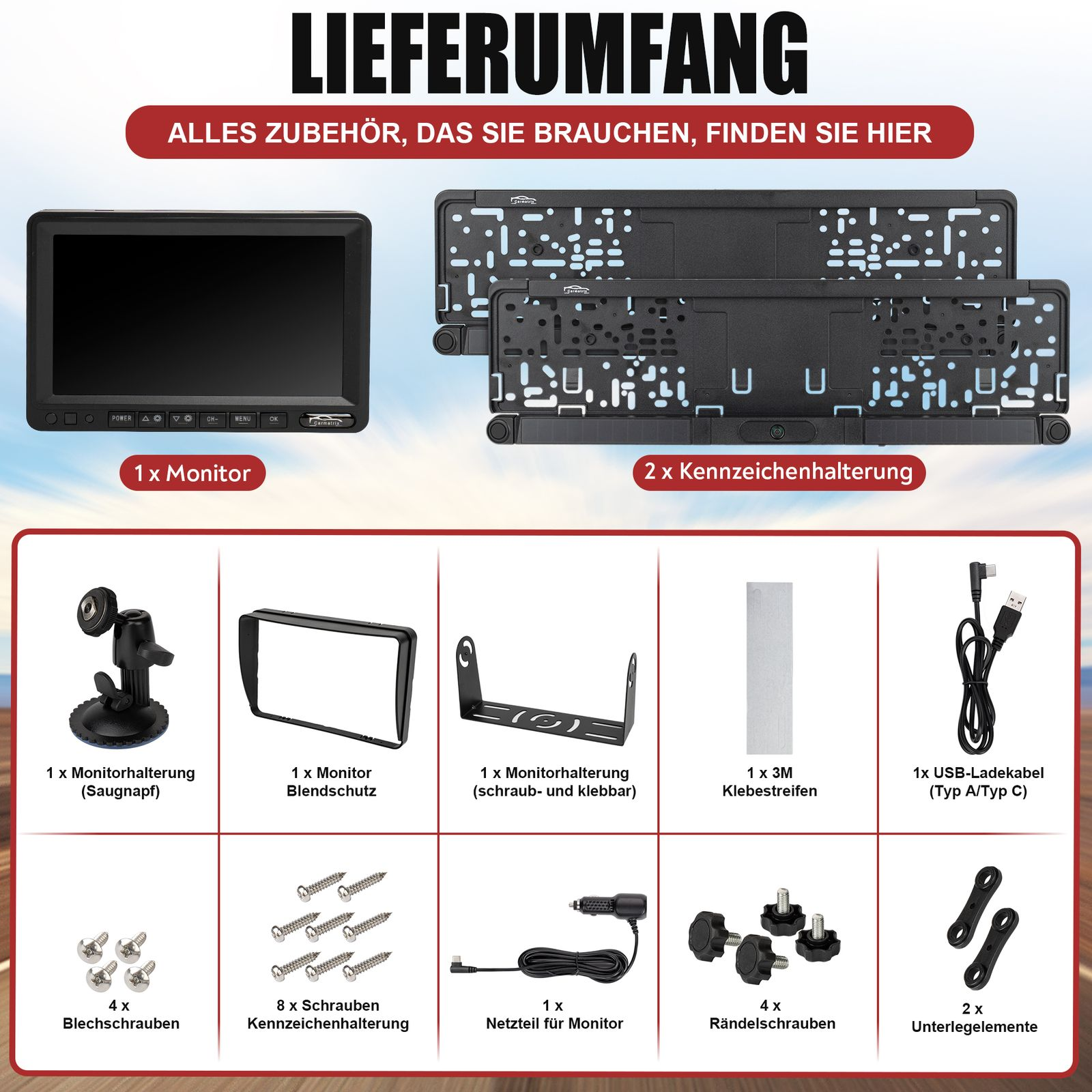 Box mit Autozubehör: Monitor, Kennzeichenhalter, Schrauben und mehr. Für jeden Artikel beschriftet.