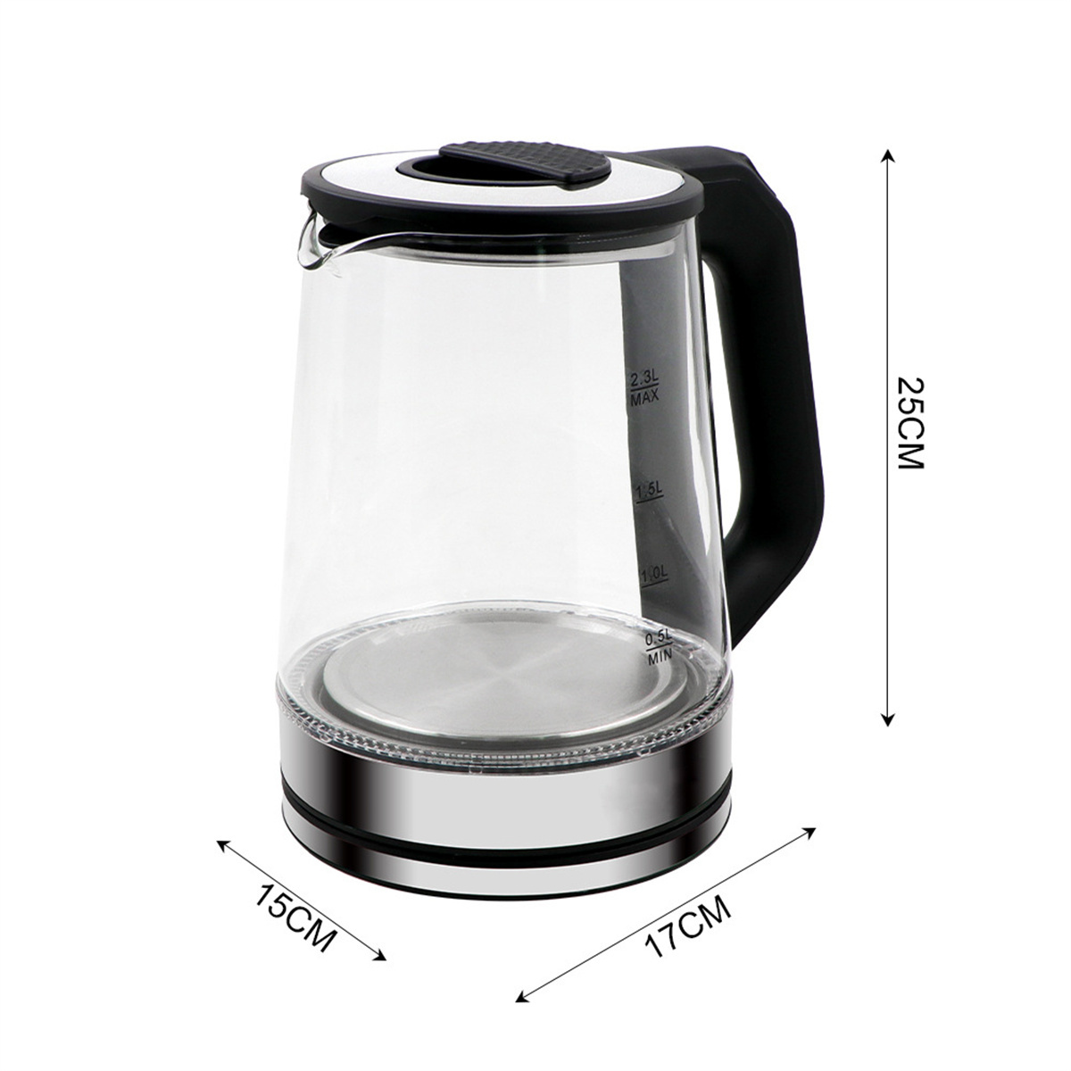 Ein elektrischer Glas-Wasserkocher mit den Maßen: 17cm breit, 15cm tief und 25cm hoch.
