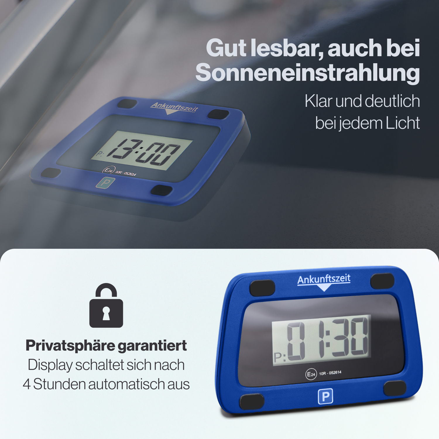 Ein blauer Parkzeitzähler mit Bildschirm. Es gibt ein Schlosssymbol. Der Text lautet: Privatsphäre garantiert.