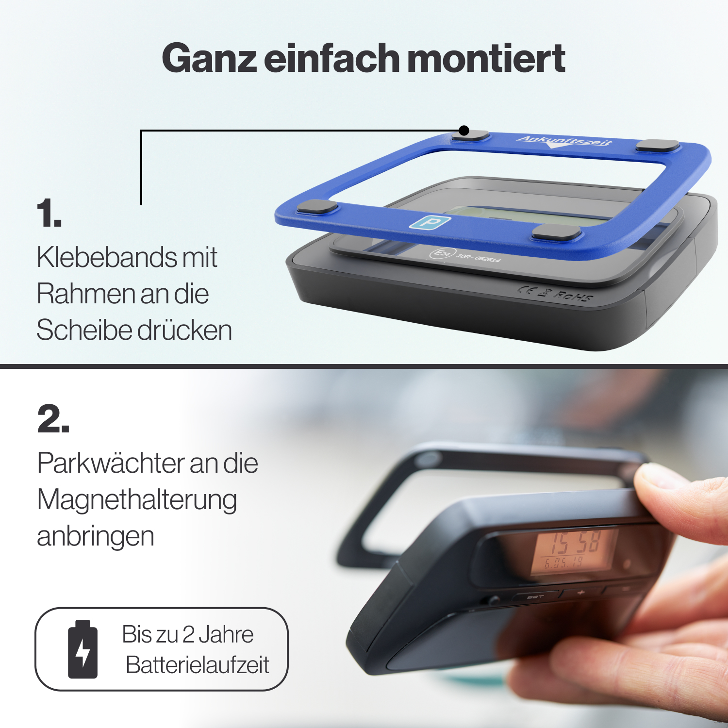 Anweisungen zur Montage einer Parkscheibe, mit Schritten und einem Gerät mit digitaler Anzeige.