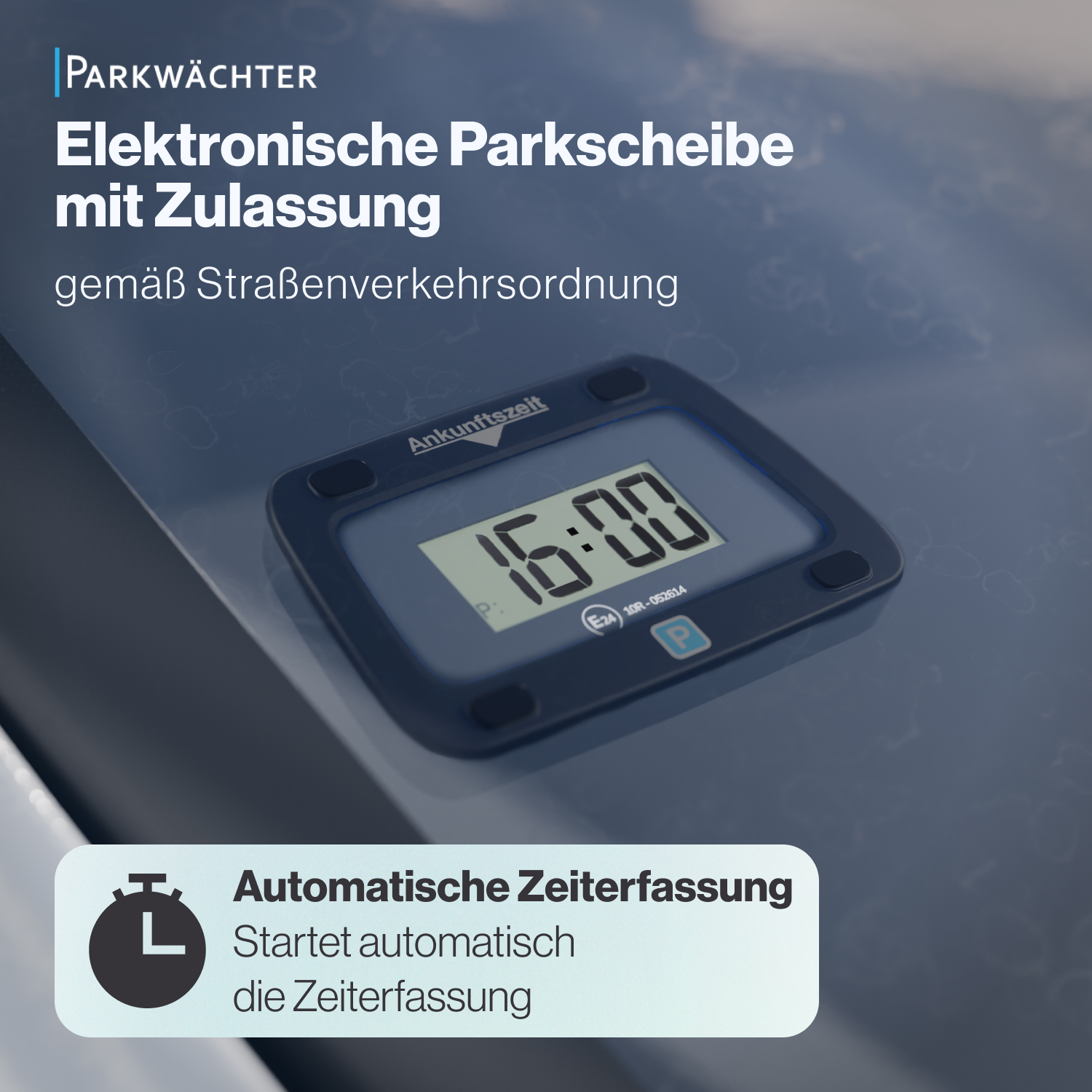 Elektronische Parkscheibe mit Digitalanzeige, die die Uhrzeit auf einem Armaturenbrett anzeigt.