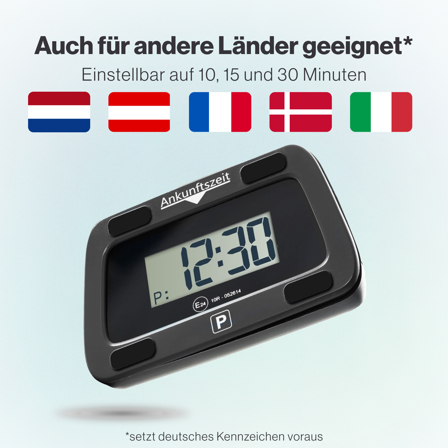 Schwarzer Parkscheinautomat mit Digitalanzeige, Flaggen mehrerer Länder.
