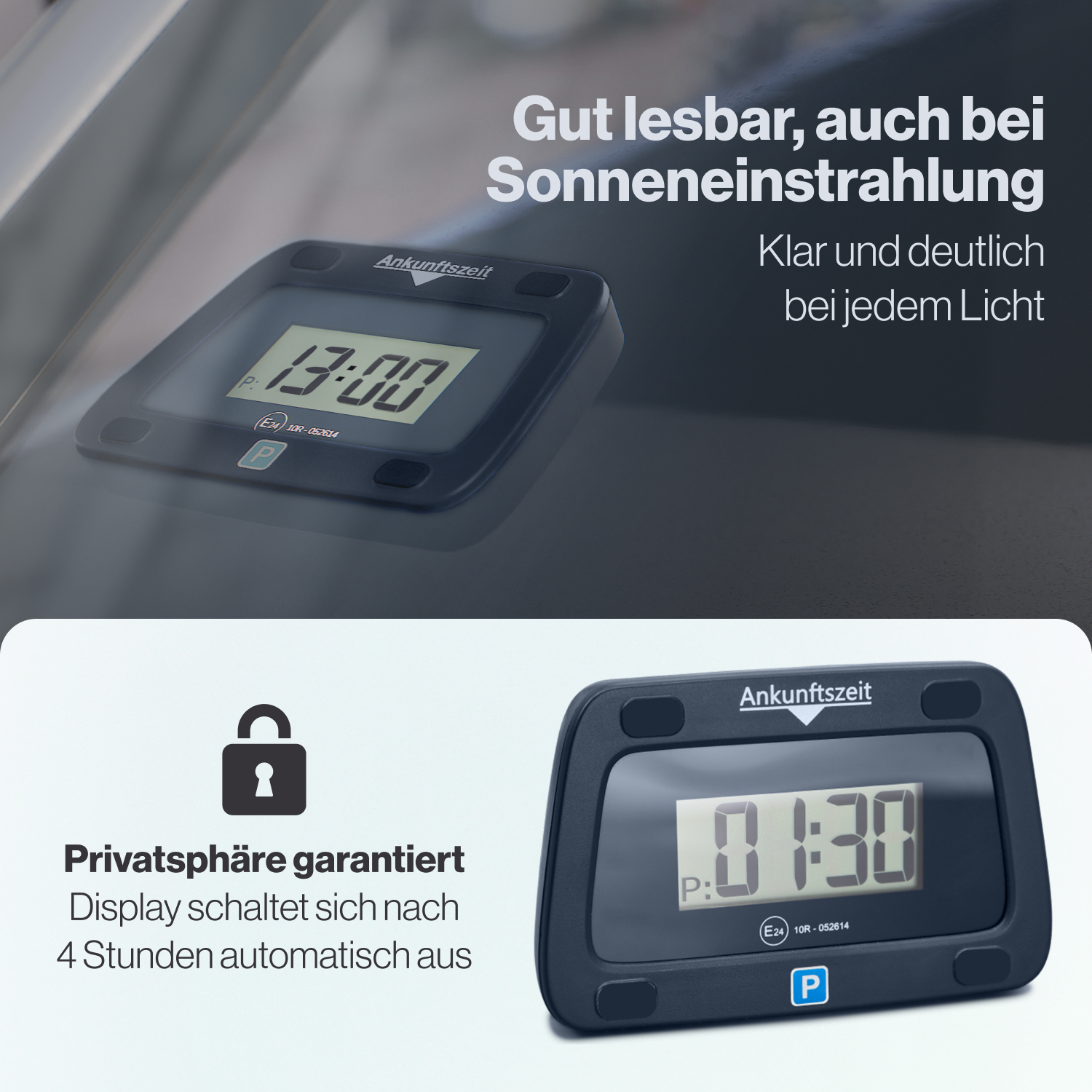 Zwei schwarze Parkuhr-Geräte; eines zeigt 13:00, das andere 01:30, mit Text zur Lesbarkeit.
