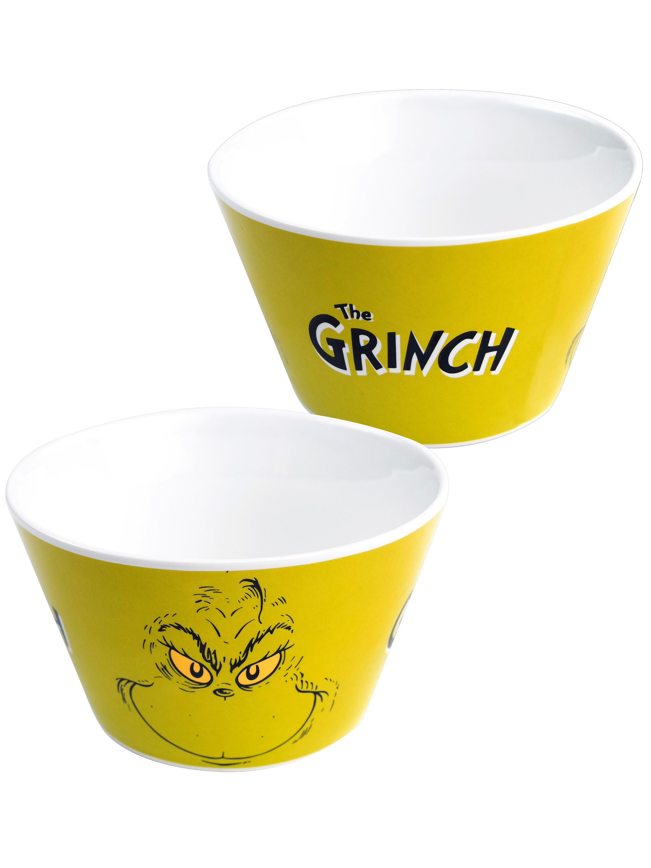 Zwei gelbe Grinch-Schalen. Eine Schale hat das Gesicht des Grinch, die andere Grinch-Text.