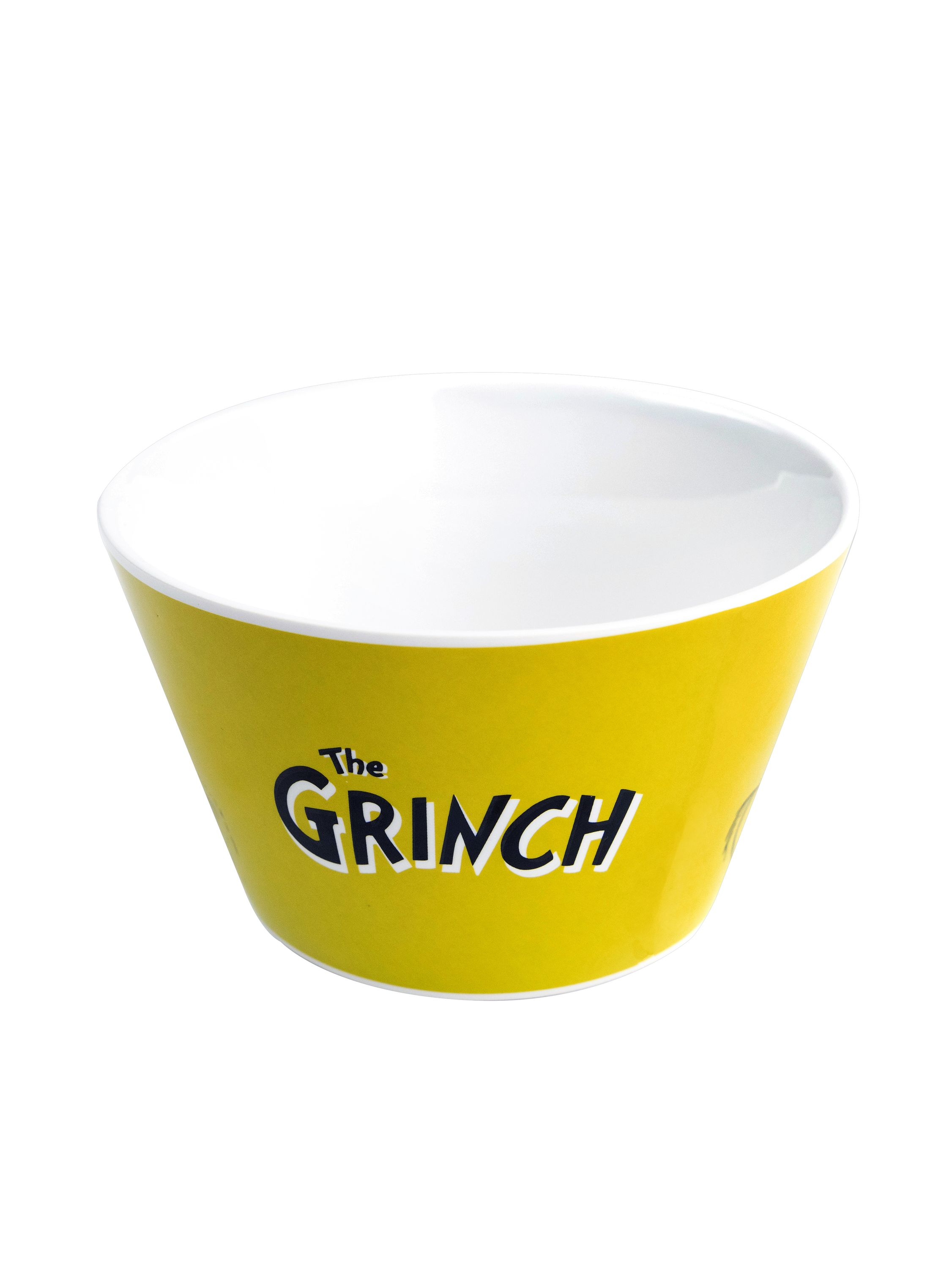 Eine gelbe Grinch-Schüssel mit dem Aufdruck 'The GRINCH'. Sie ist innen weiß.