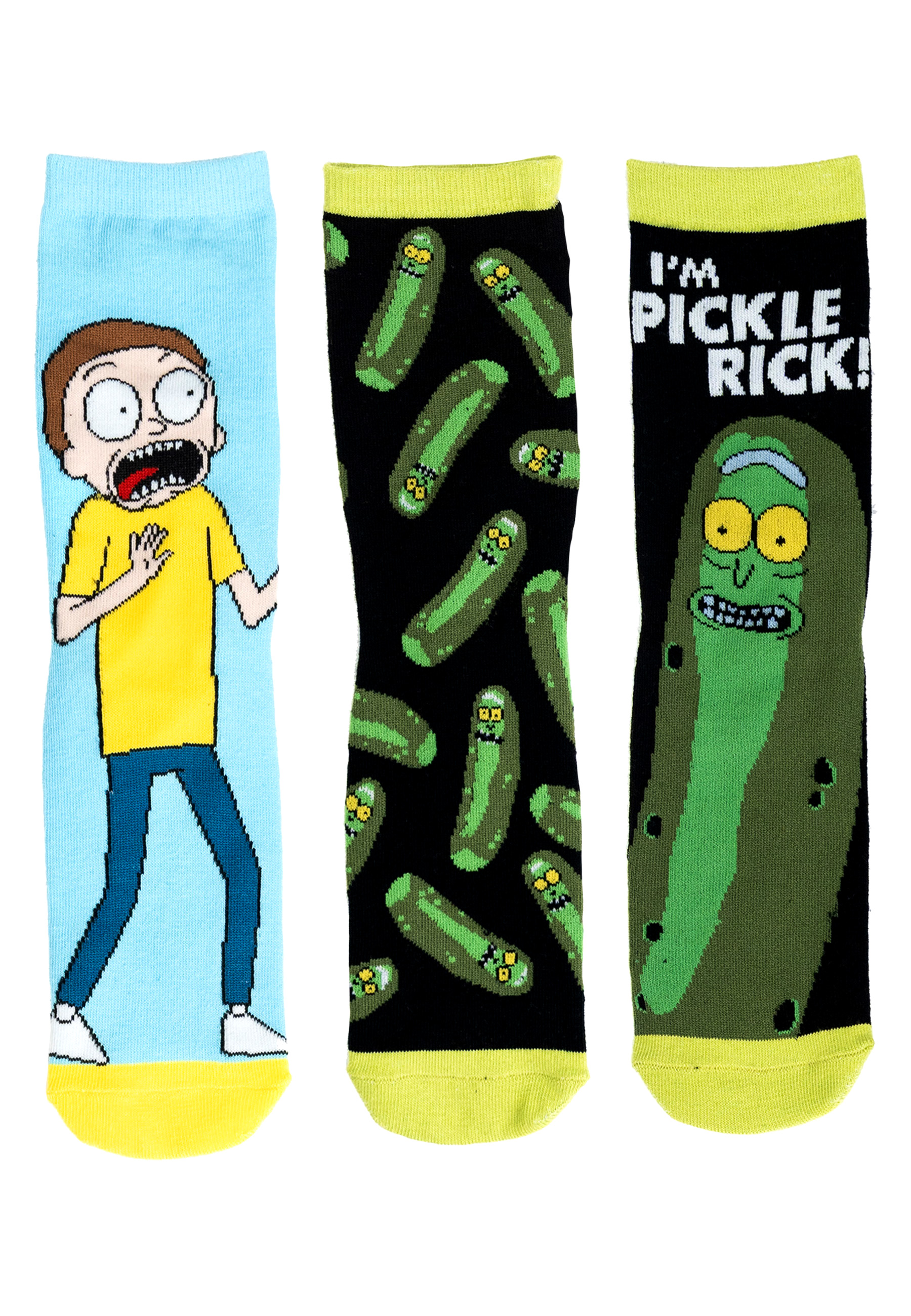Drei Socken mit Cartoonfiguren. Eine hat Morty, eine hat Gurken, eine hat Pickle Rick.