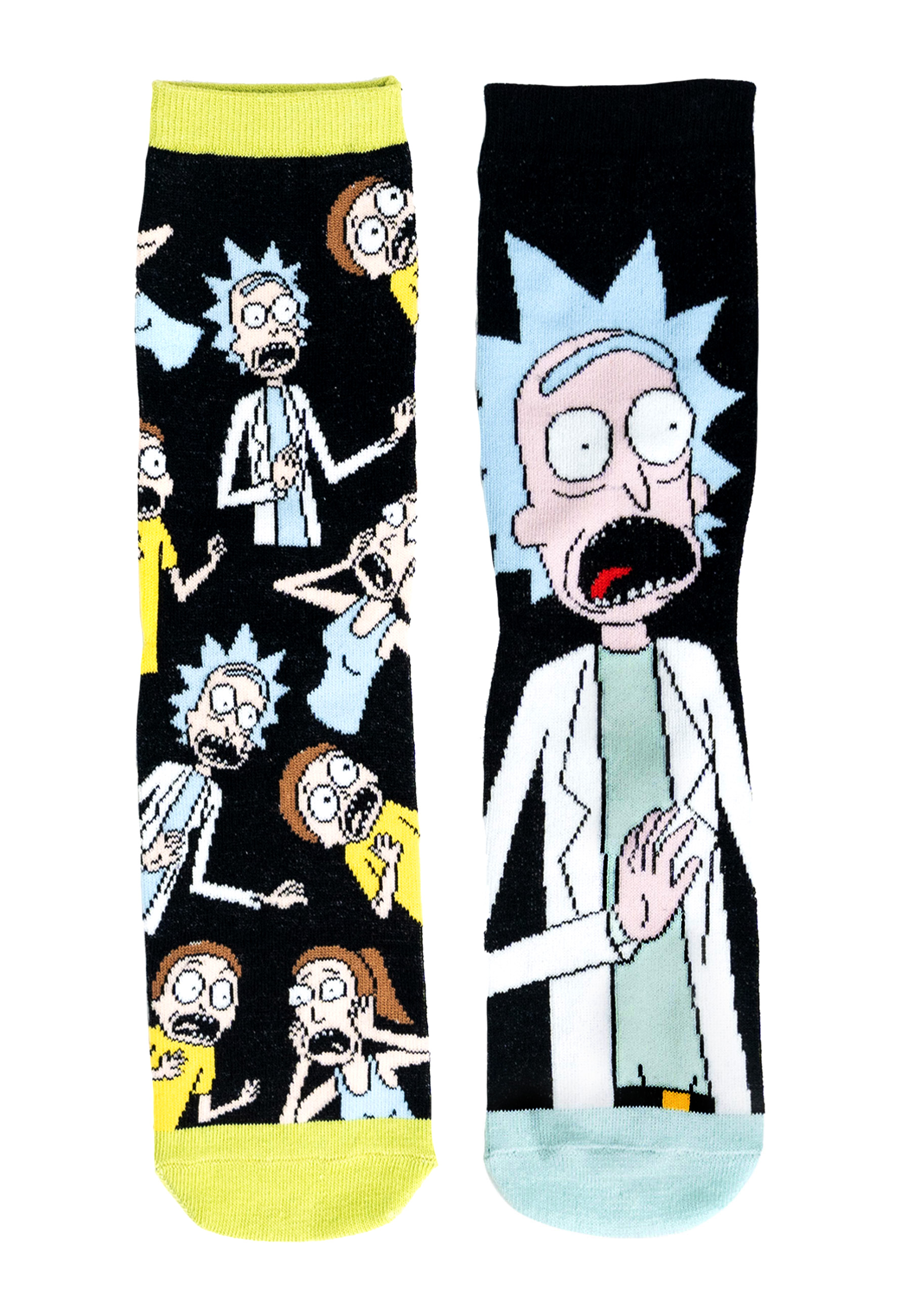Socken. Eine Socke zeigt Cartoon Rick, die andere Cartoon Rick mit schockierten Gesichtern.