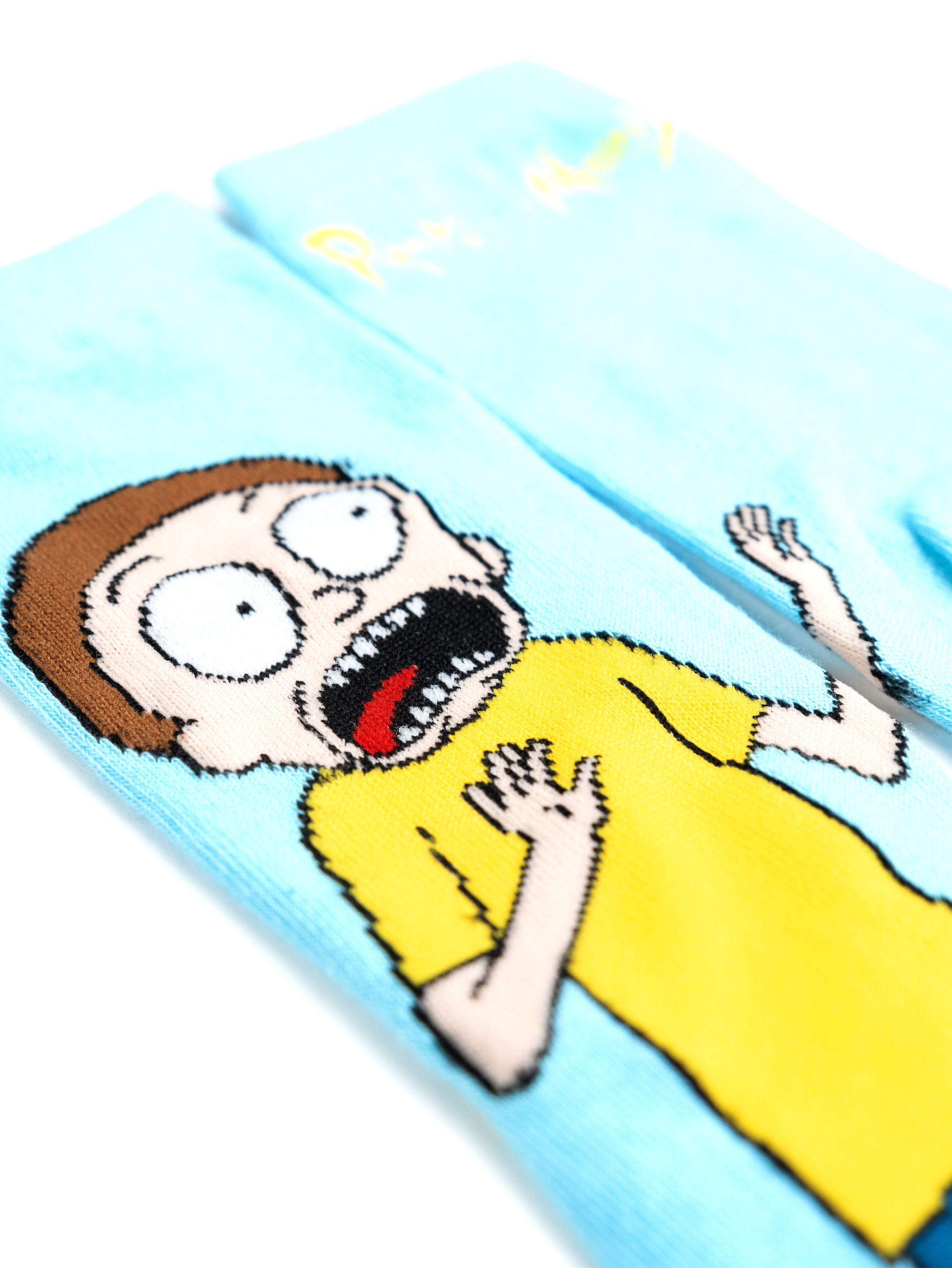 Socken mit einem Cartoon-Bild einer Figur mit erschrockenem Ausdruck.