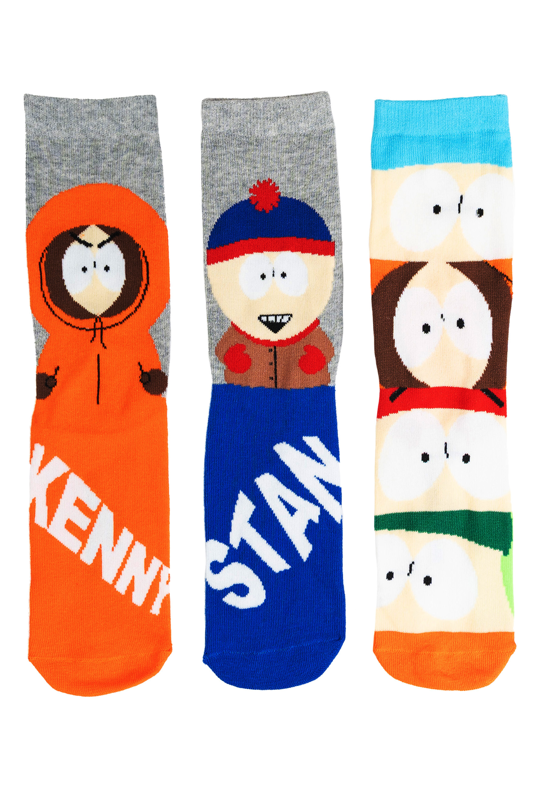 Drei Paar South Park Socken mit Kenny, Stan und anderen Charakteren.