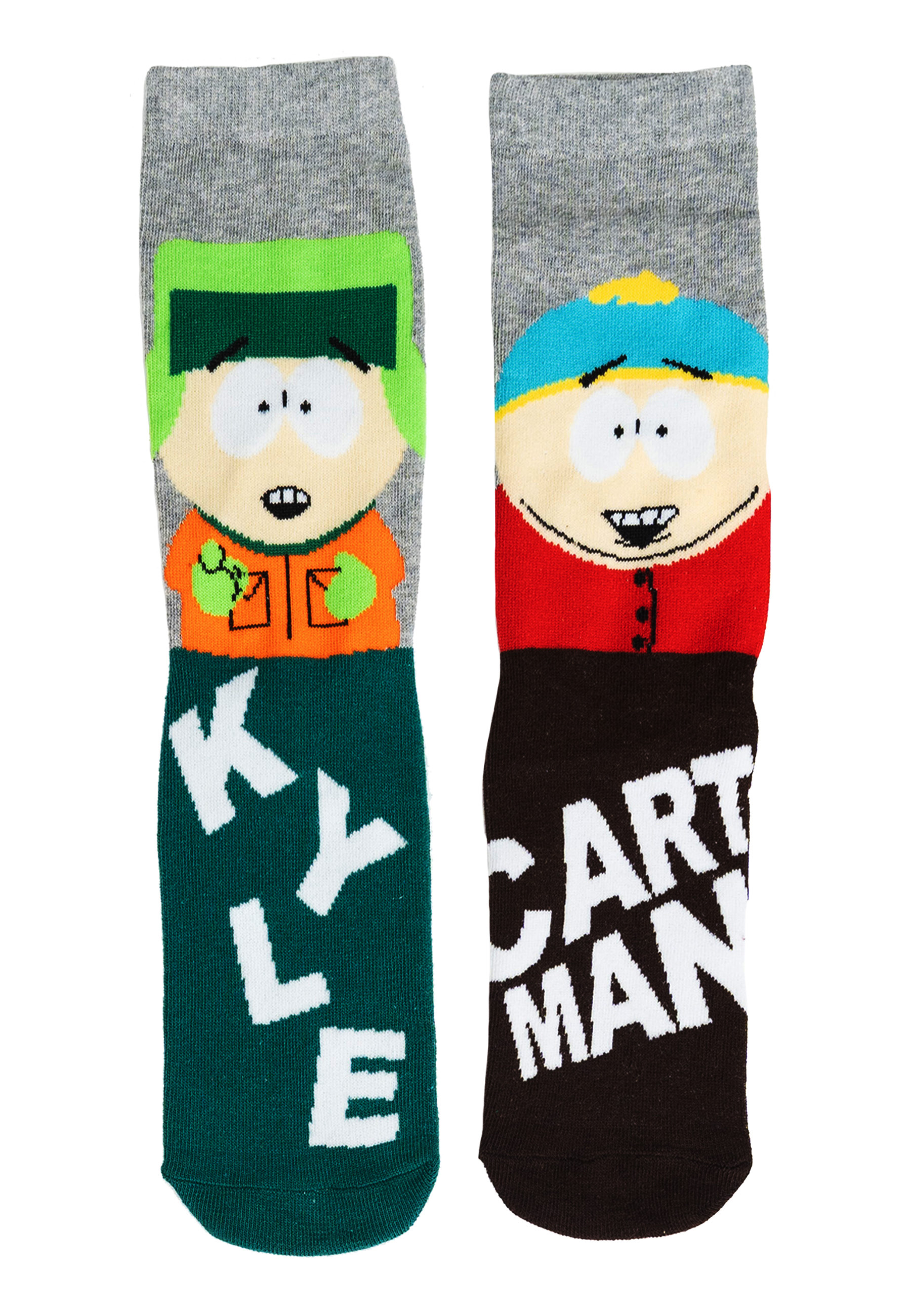 Zwei Socken mit South Park-Charakteren Kyle und Cartman.