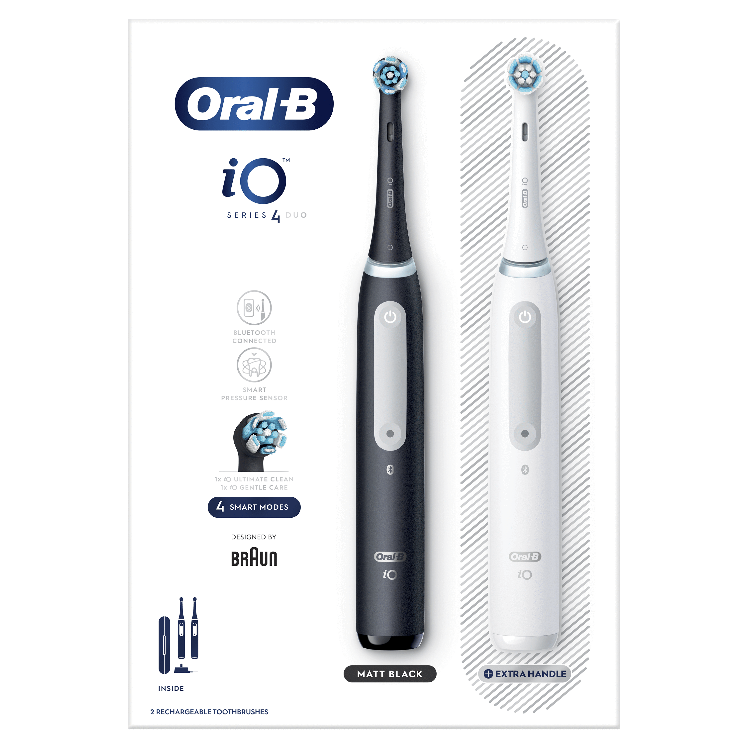 Pudełko z dwiema elektrycznymi szczoteczkami do zębów Oral-B iO Series 4, czarną i białą.