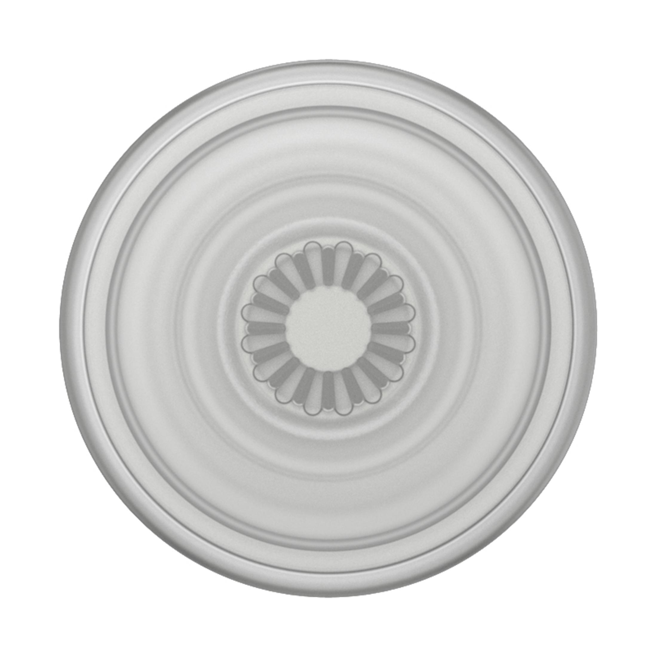 Eine weiße, kreisförmige Deckenrosette mit detailliertem zentralen Design.