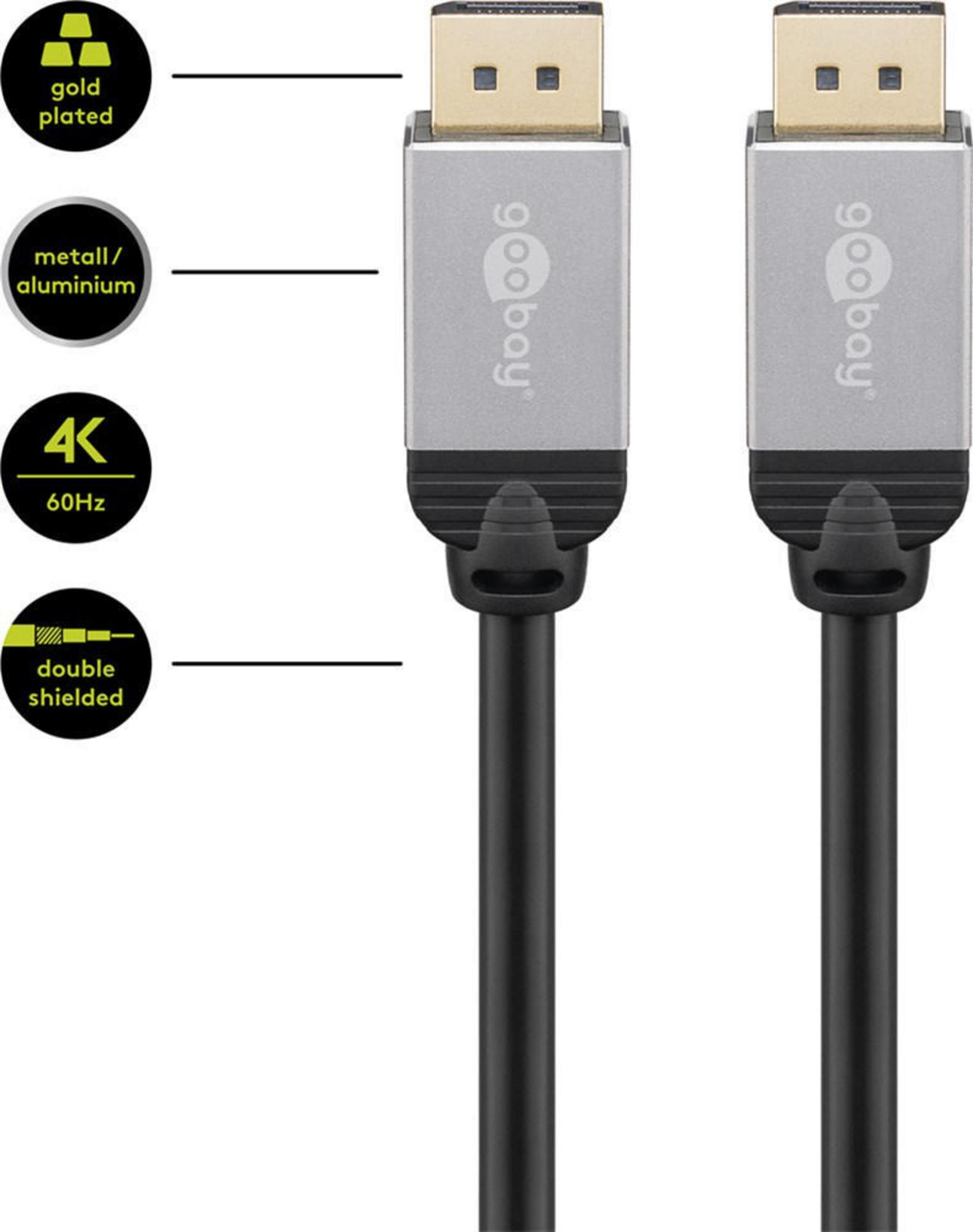 Zwei DisplayPort-Kabel. Silberne Stecker mit Goobay-Logo. Vergoldet, doppelt geschirmt, 4k 60Hz. Weißer Hintergrund.