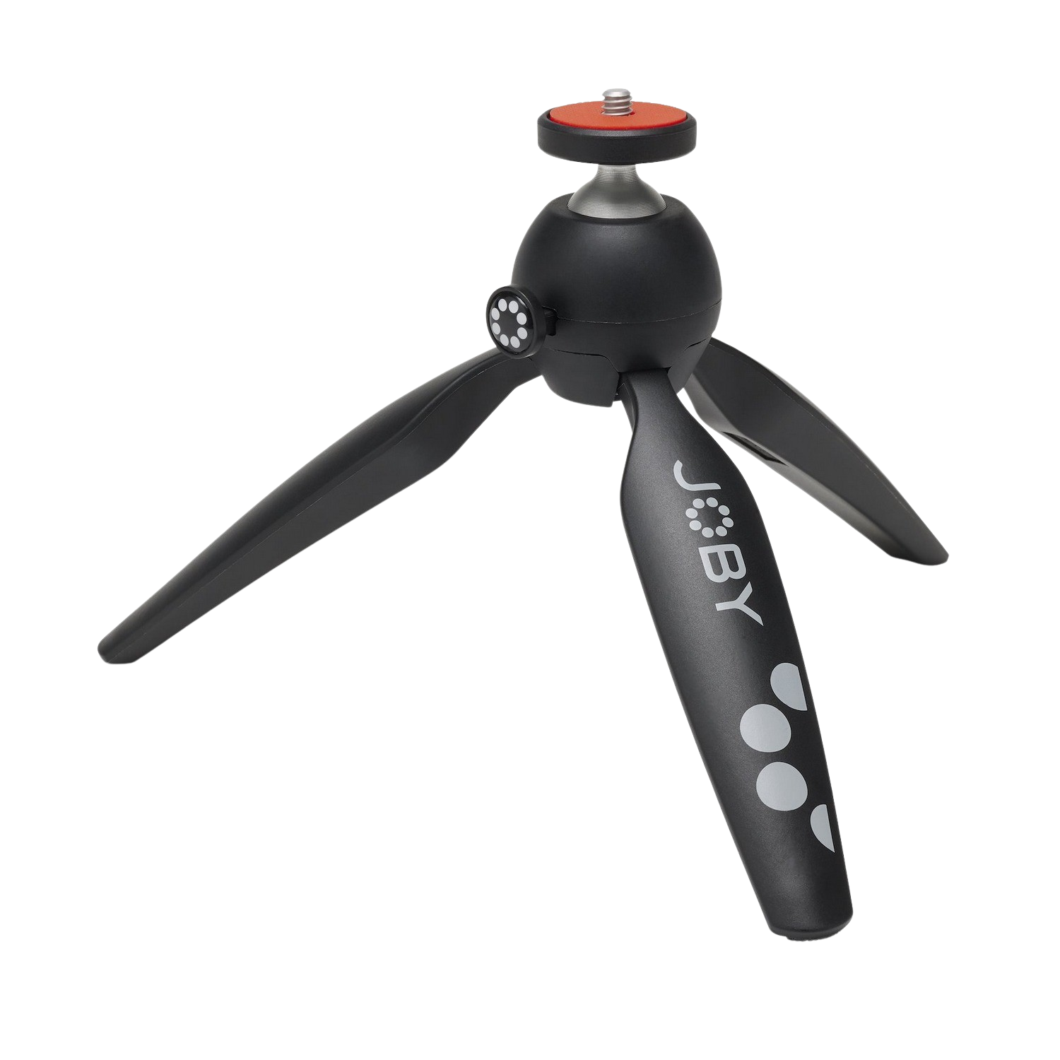 A black mini tripod with three legs, and a ball head with a red screw.