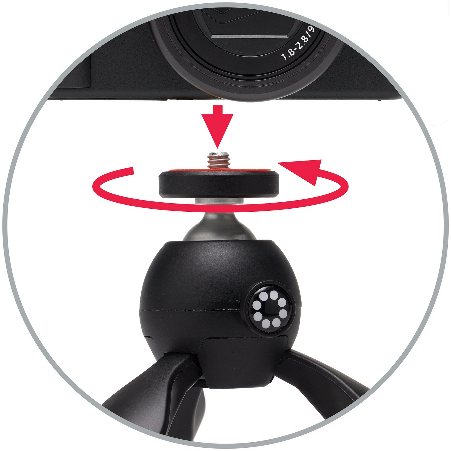 Camera mounted on a mini tripod, with arrows illustrating screwing it on.