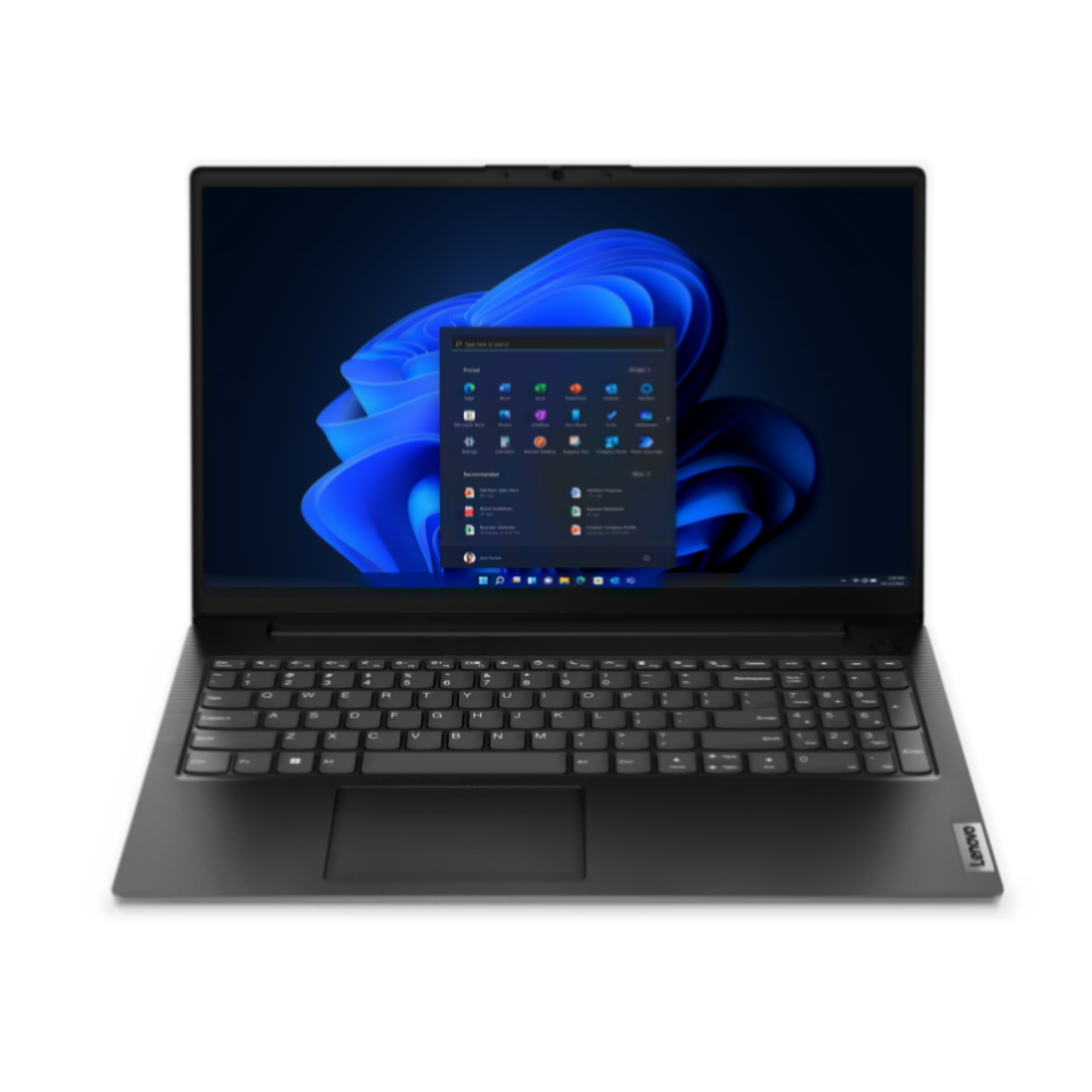 Laptop auf weißem Hintergrund. Der Bildschirm zeigt die Windows 11-Oberfläche.