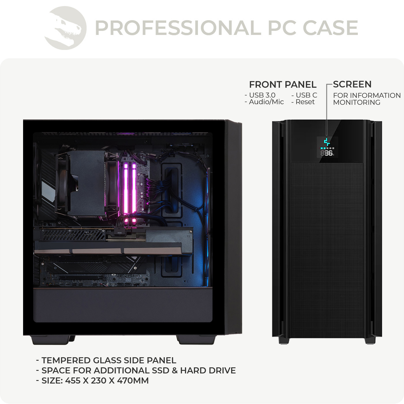 Ein professionelles PC-Gehäuse mit Glasseitenwand und Bildschirm. Interne Komponenten sichtbar.