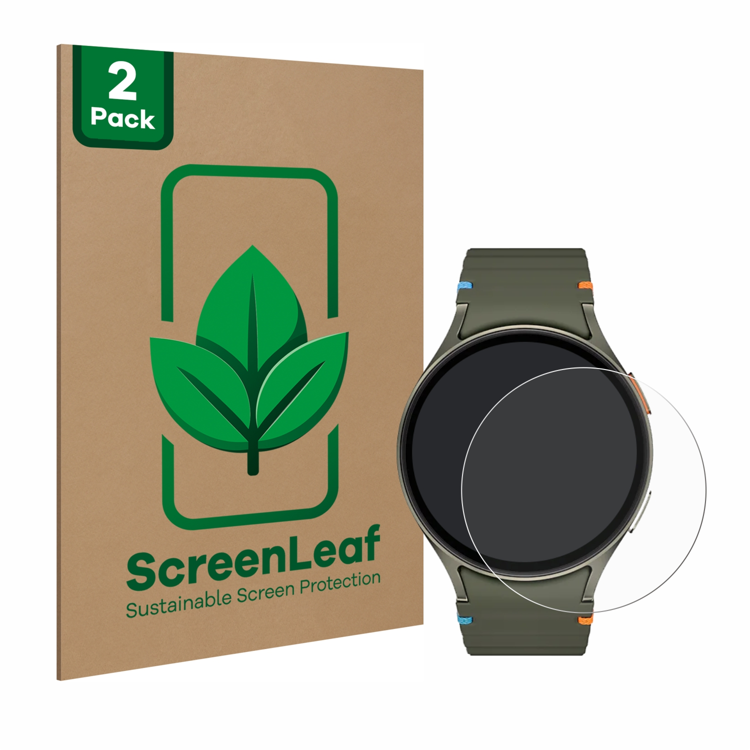 Eine Displayschutzfolienpackung und eine Smartwatch mit angebrachter Displayschutzfolie.