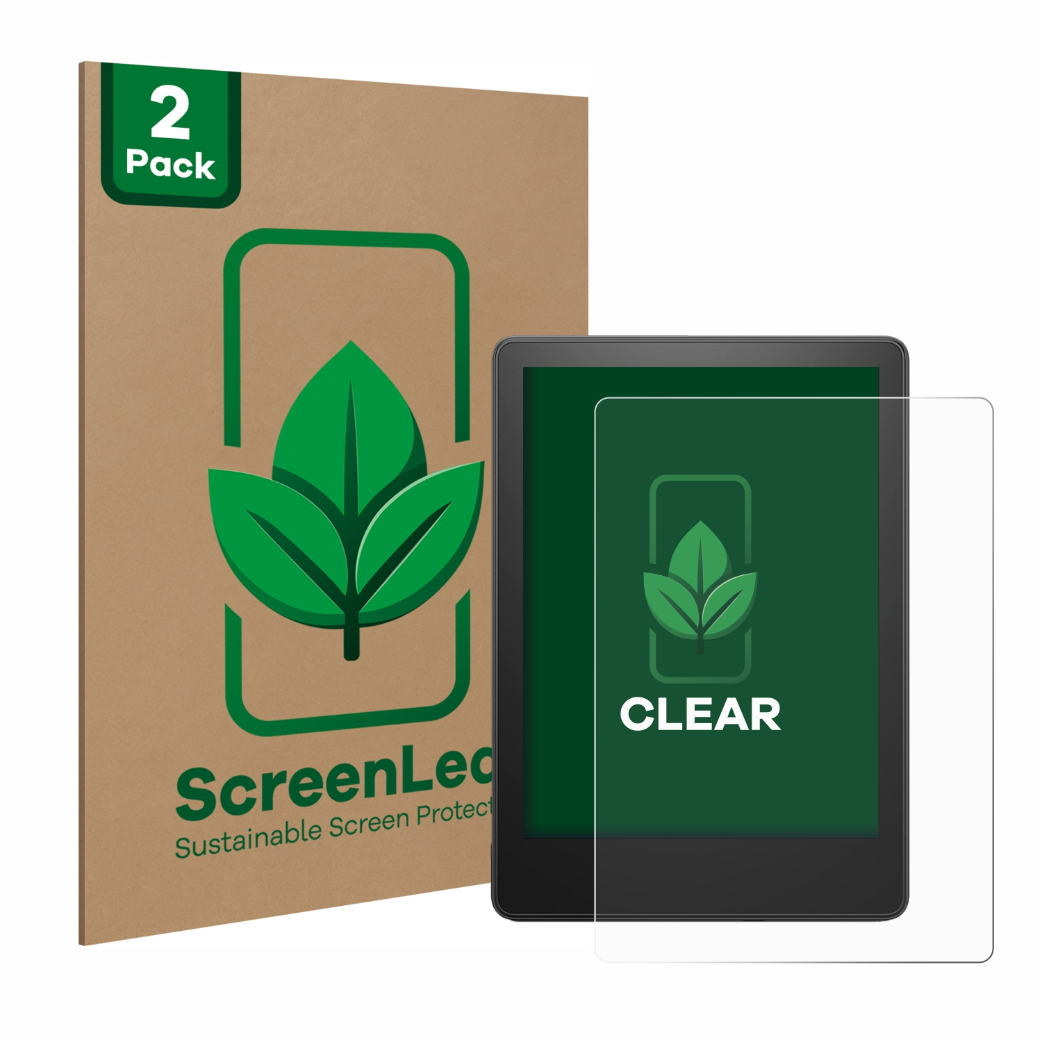 E-Reader mit Displayschutzfolie und einer Displayschutzfolienbox. Die Box hat ein Blatt.