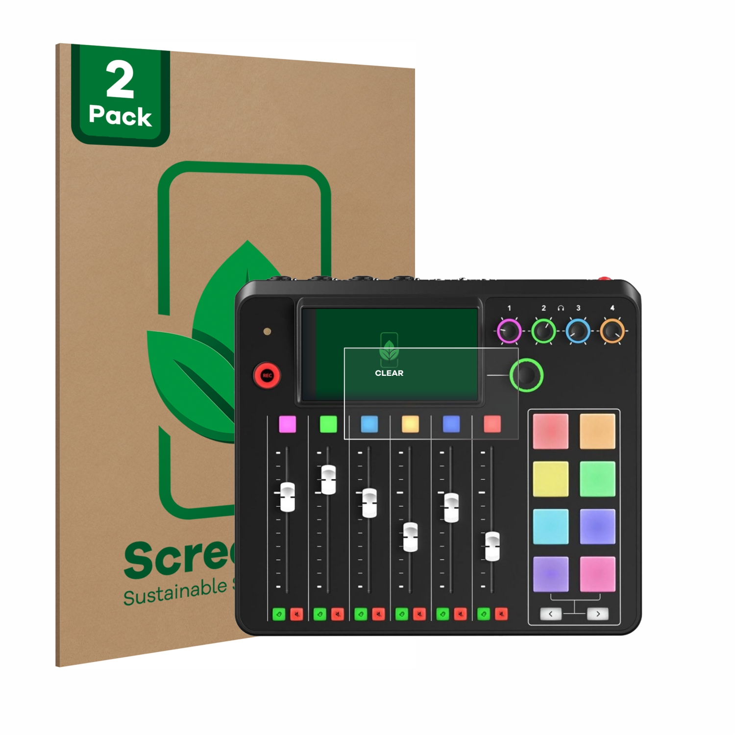 Displayschutz, Mischpult und Verpackung. Mixer hat viele Fader und Knöpfe. Weißer HG.