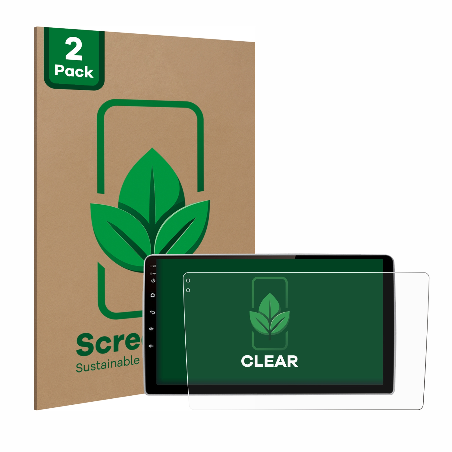 Displayschutzbox, Tablet und Displayschutz. Der Schutz hat ein Blattsymbol.