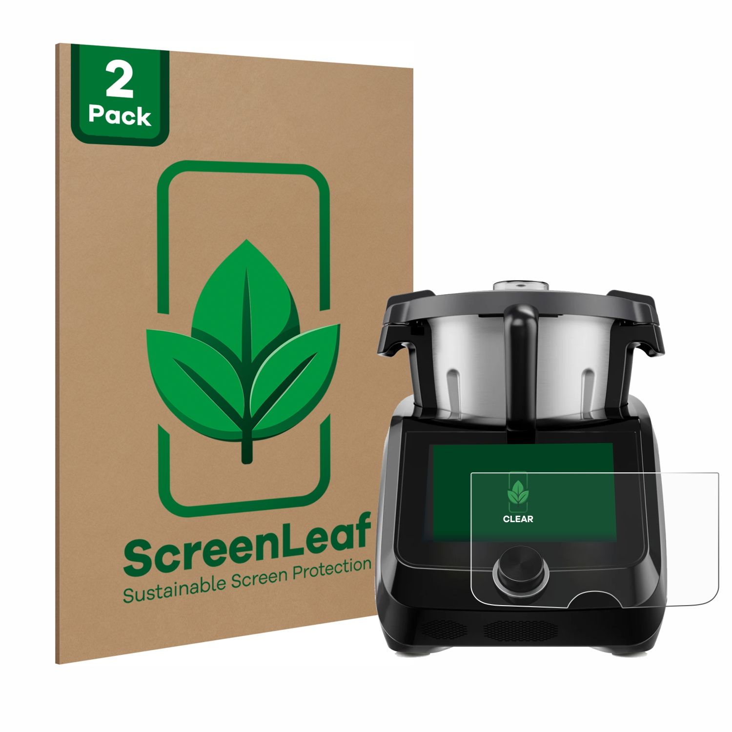 Ein schwarzes Küchengerät mit Displayschutz und Verpackung. Die Verpackung hat ein Blattlogo und sagt ScreenLeaf.