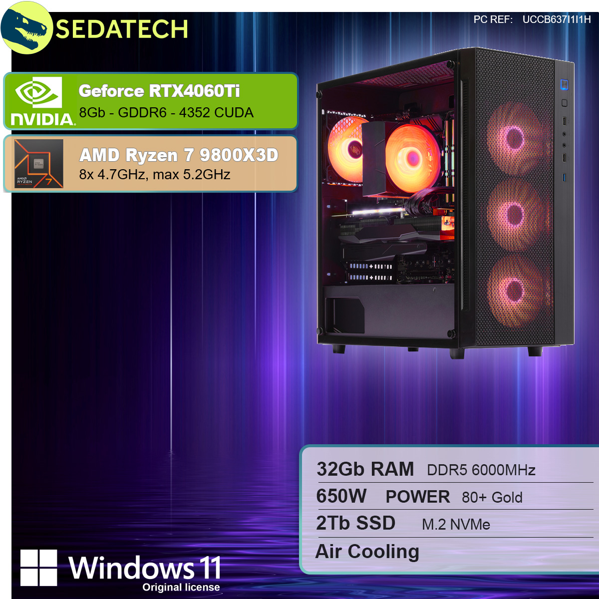 Obudowa komputera PC ze specyfikacjami, w tym GeForce RTX4060Ti, AMD Ryzen 7 9800X3D i Windows 11.