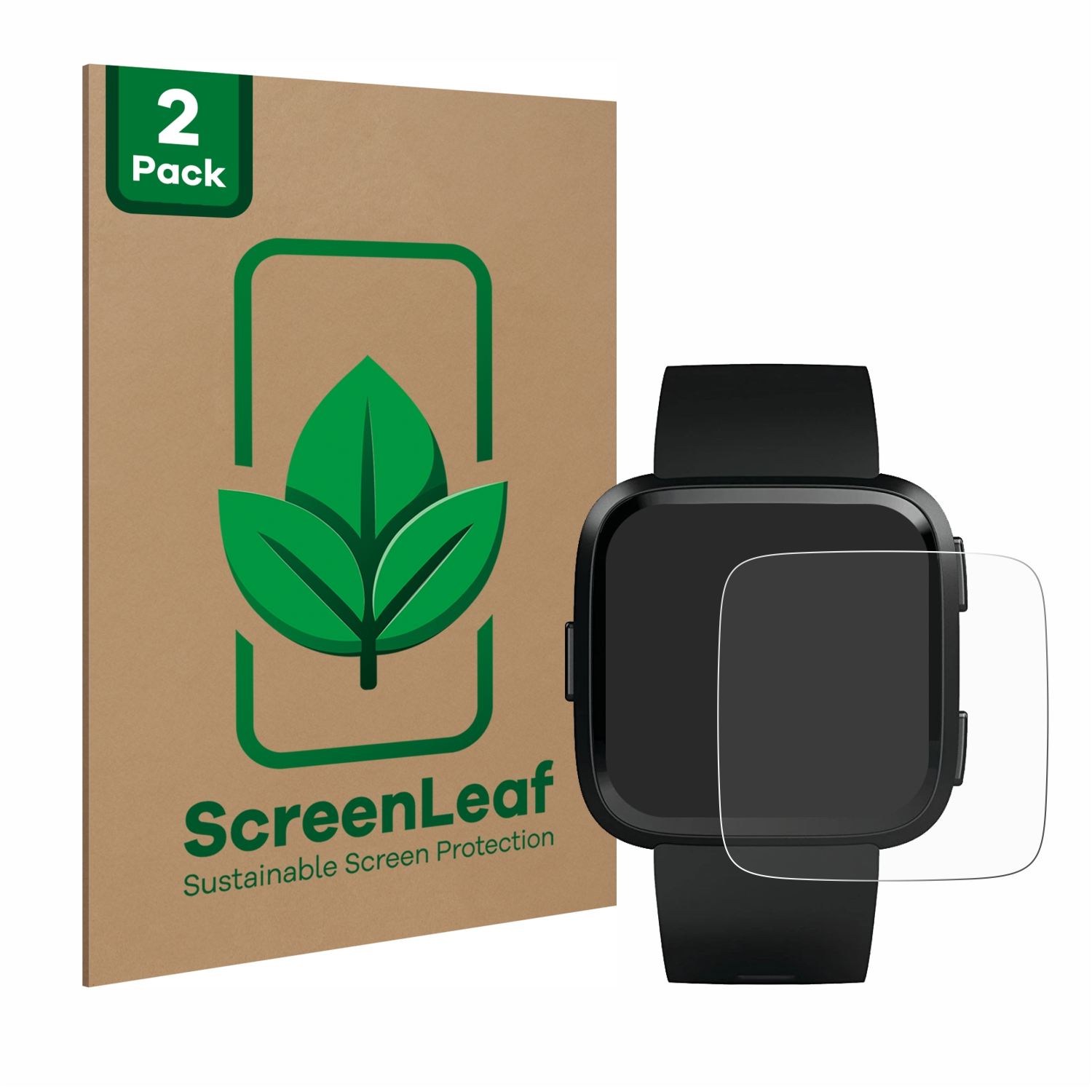 Zwei ScreenLeaf-Displayschutzfolien mit einer Smartwatch. Die Box ist braun und grün.