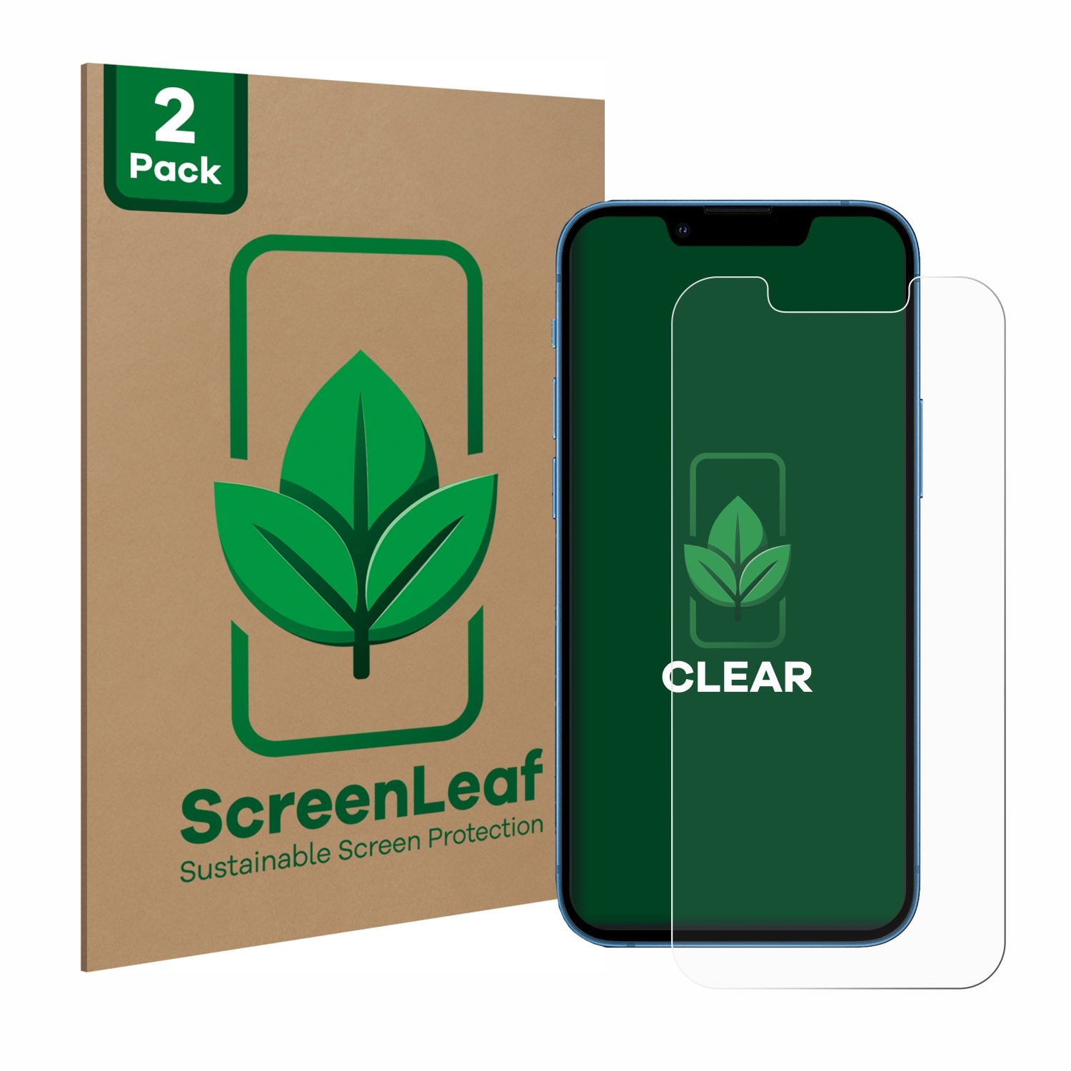 ScreenLeaf Displayschutzfolienpackung mit blauem Telefon.