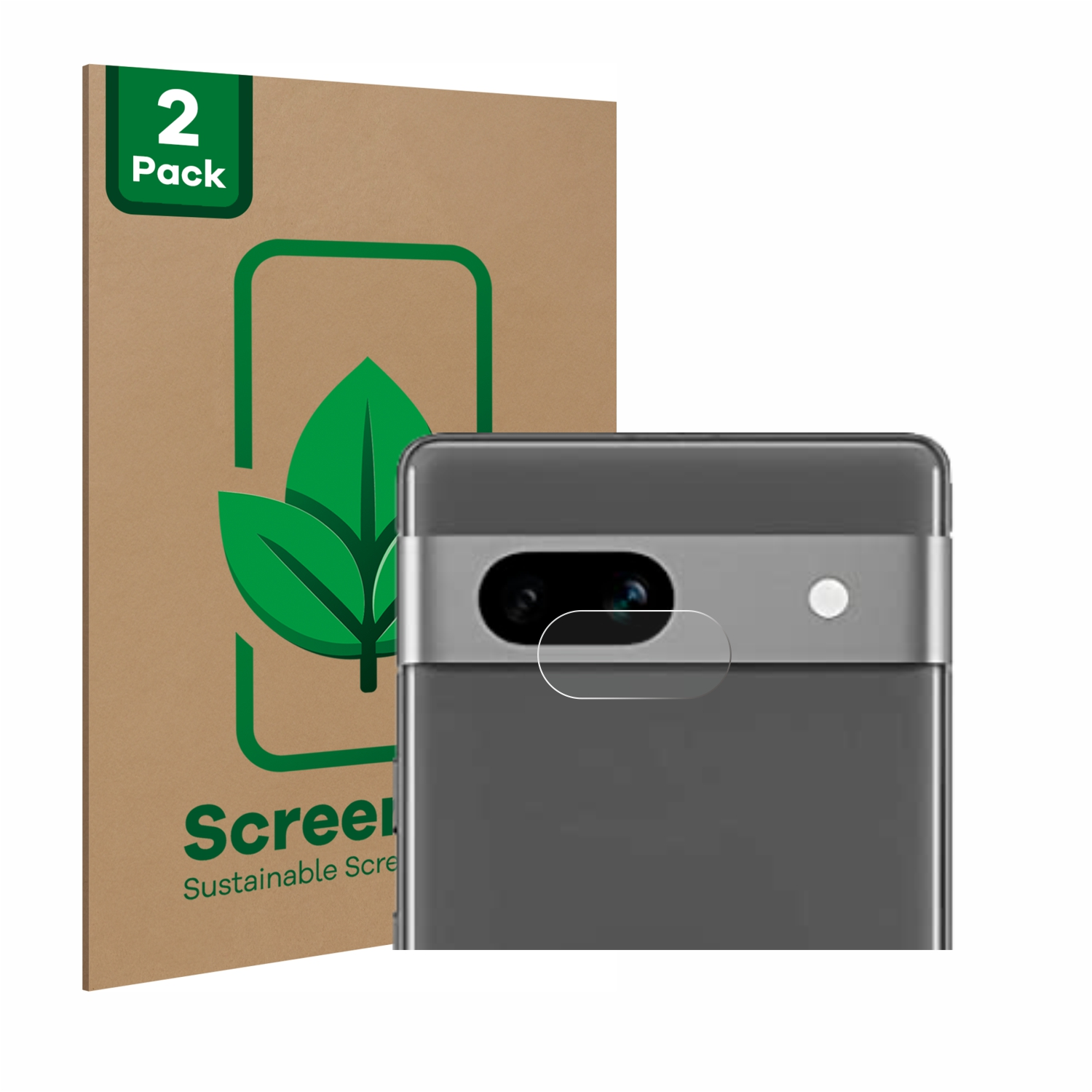 Handy und Displayschutzfolien-Verpackung. Handy hat Displayschutzfolie. Braune Verpackung zeigt Blätter und Text.