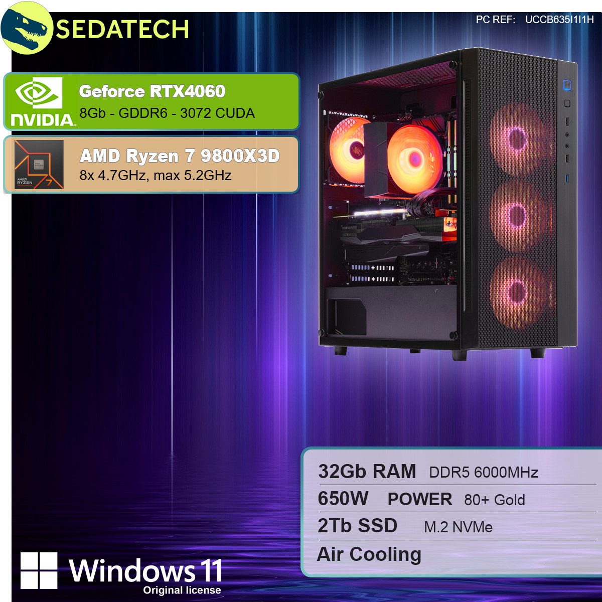 Obudowa komputera z informacjami na boku i komponentami w środku. Białe tło.