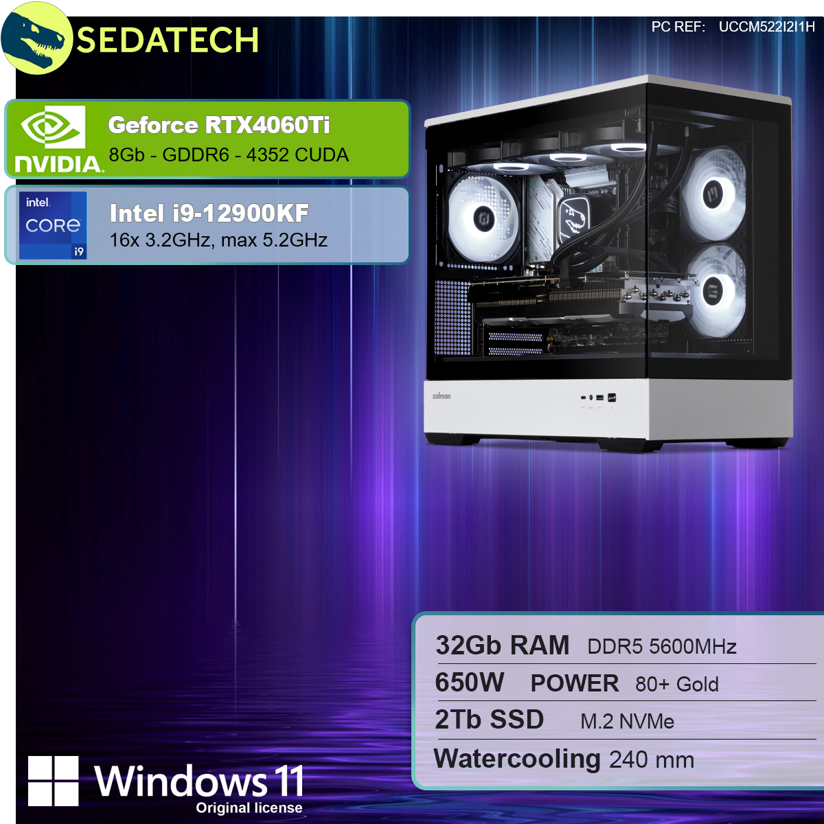 Obudowa komputera z komponentami w środku, ze specyfikacjami i danymi.