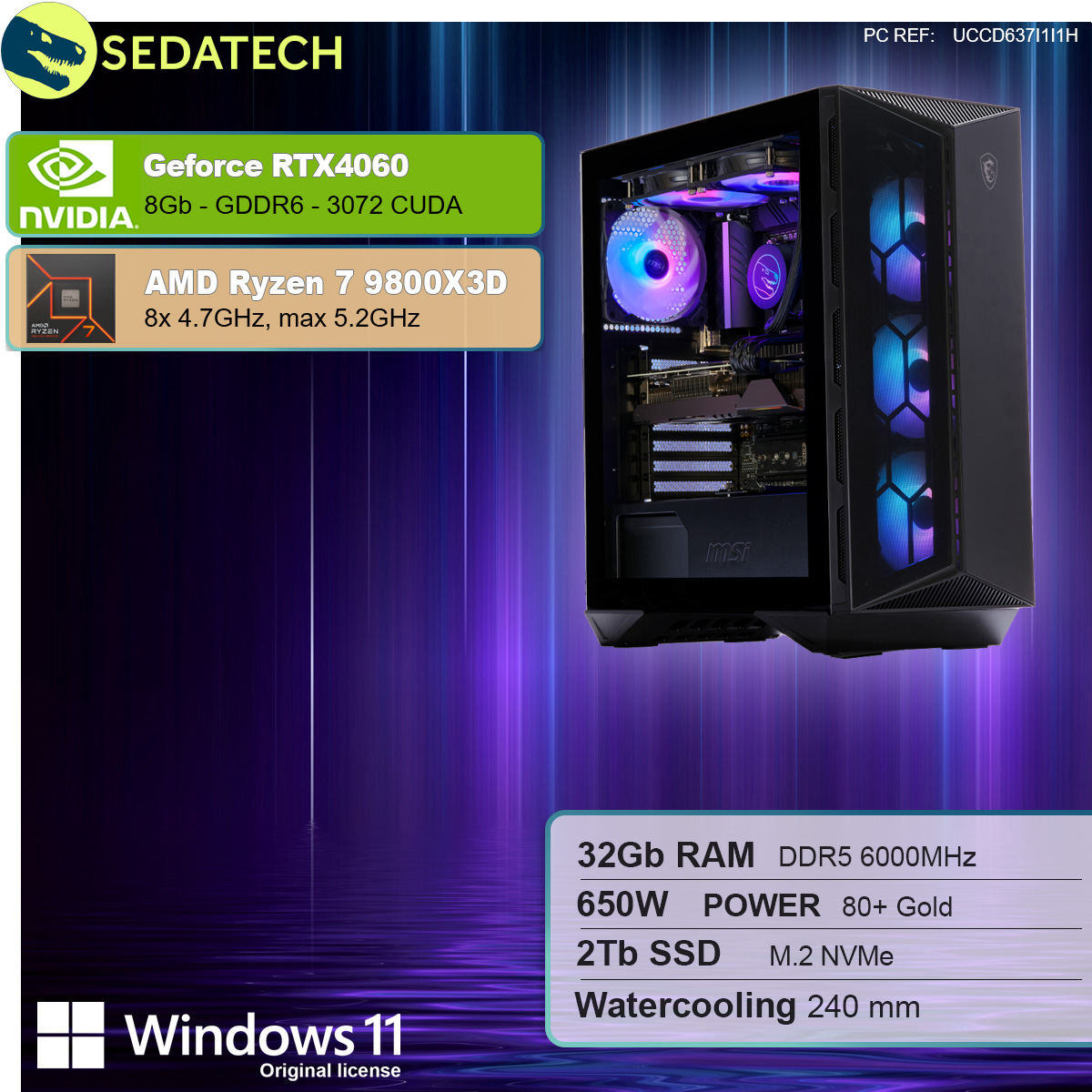 Czarna obudowa komputera z wymienionymi specyfikacjami. Ma światła RGB i fioletowo-różową poświatę.