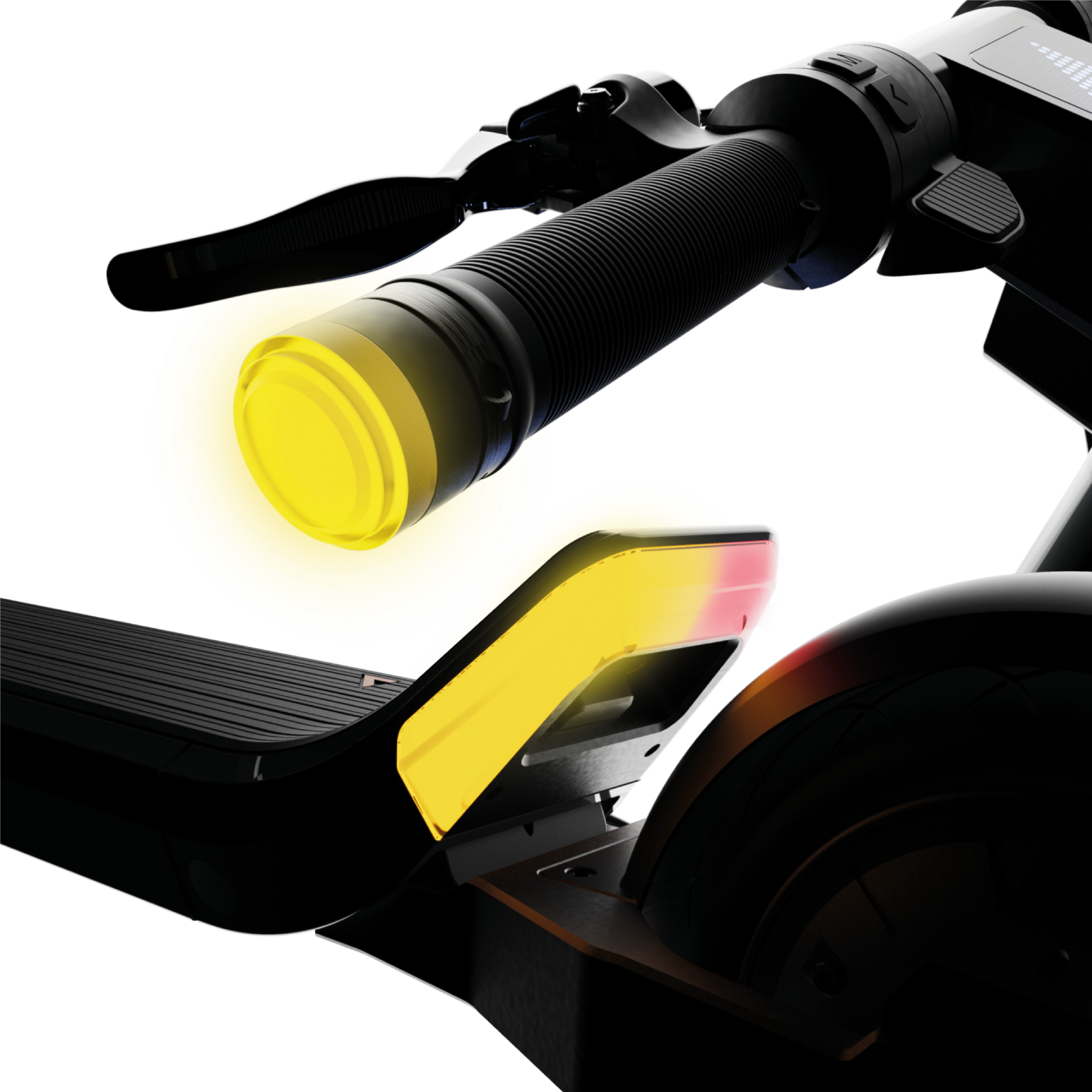 Nahaufnahme eines schwarzen E-Scooters mit gelben und roten Lichtern. Zeigt Lenker und Rücklichter.