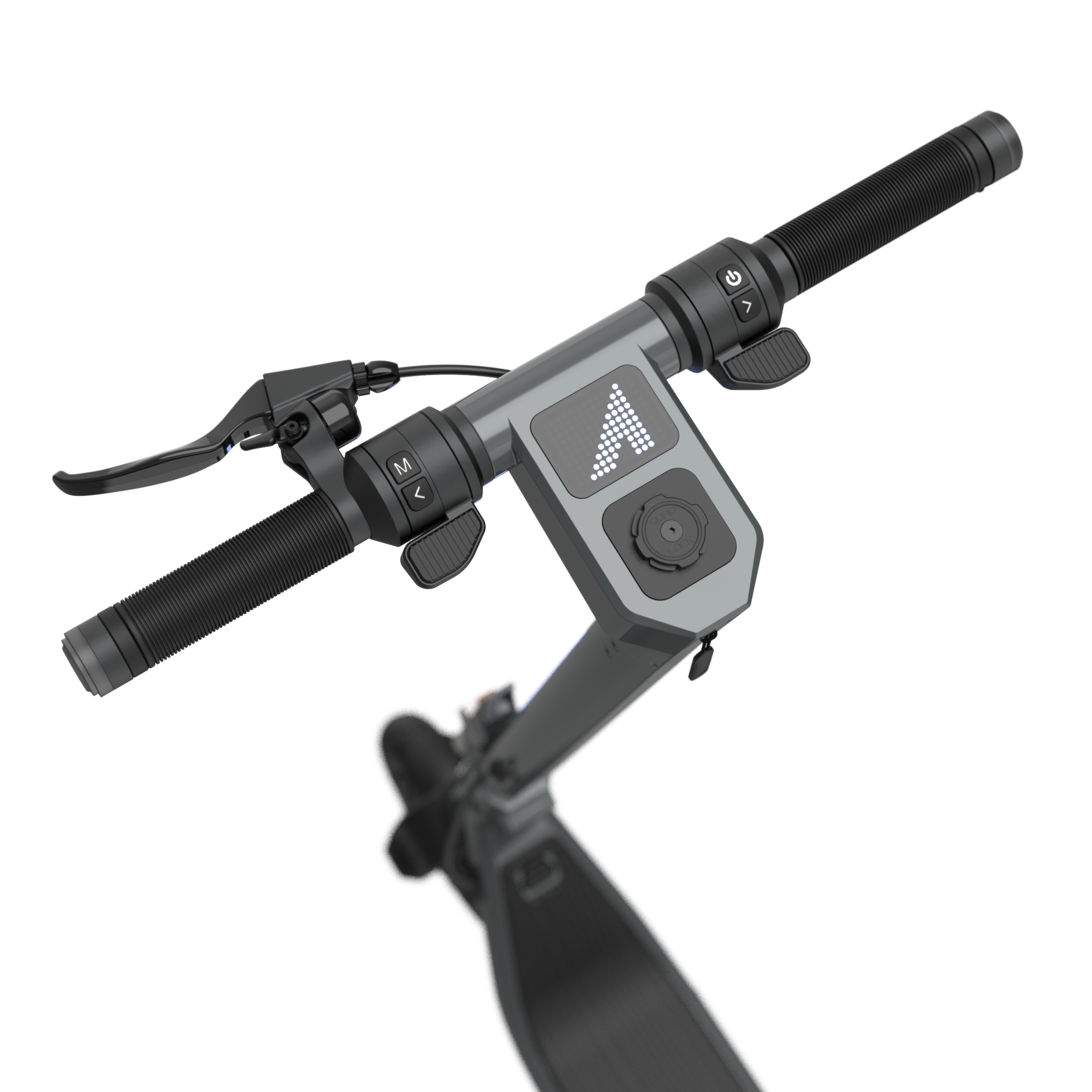 Nahaufnahme des Lenkers eines Elektrorollers mit Bedienelementen und Griffen.