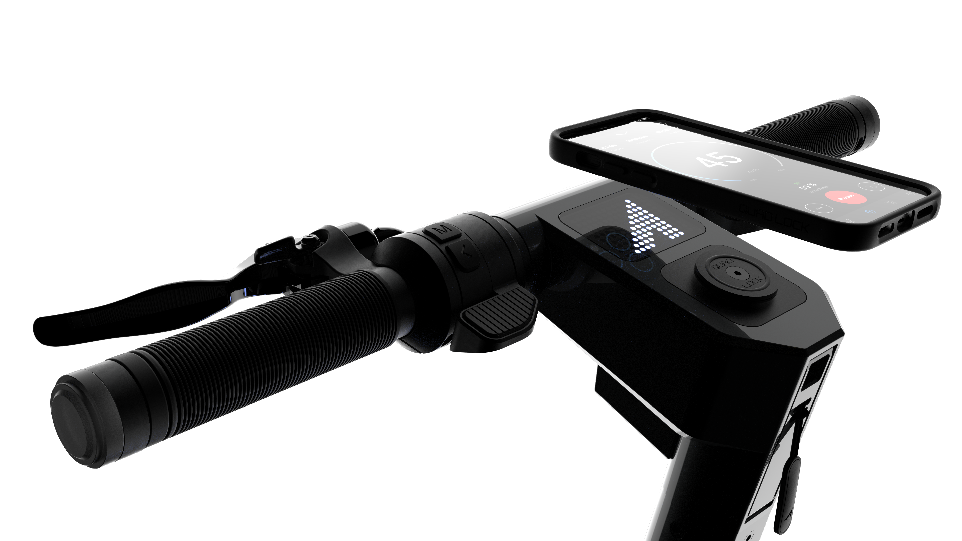 Schwarzer Elektroroller-Lenker mit Telefonhalterung, die Geschwindigkeit und Bedienelemente anzeigt.