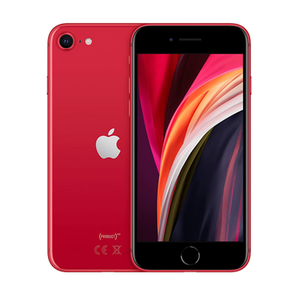 Czerwony iPhone SE, widok z tyłu i z przodu. Przód pokazuje ekran, a tył logo Apple.