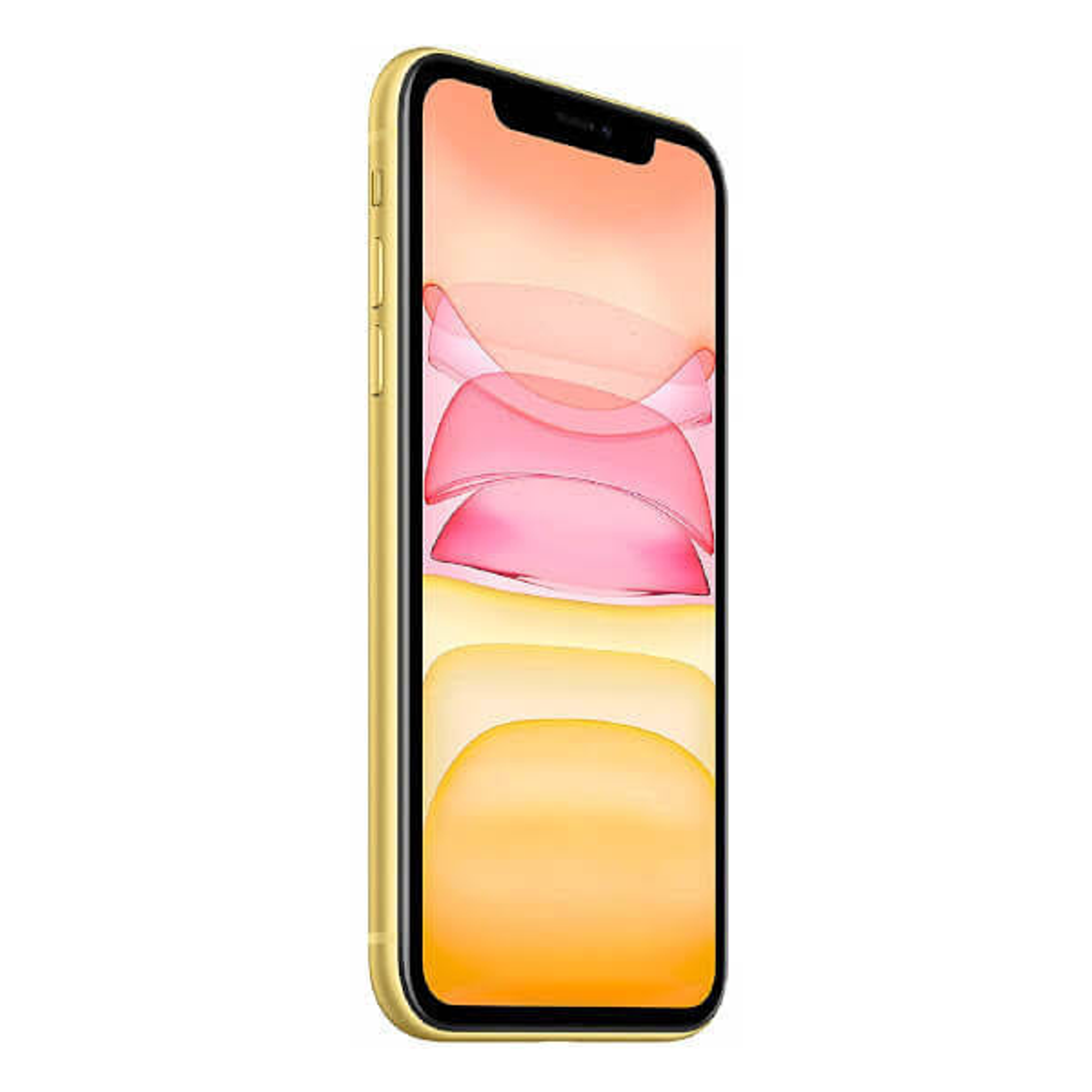 Żółty smartfon. Ekran wyświetla kolorowy abstrakcyjny obraz z różowymi i pomarańczowymi odcieniami.