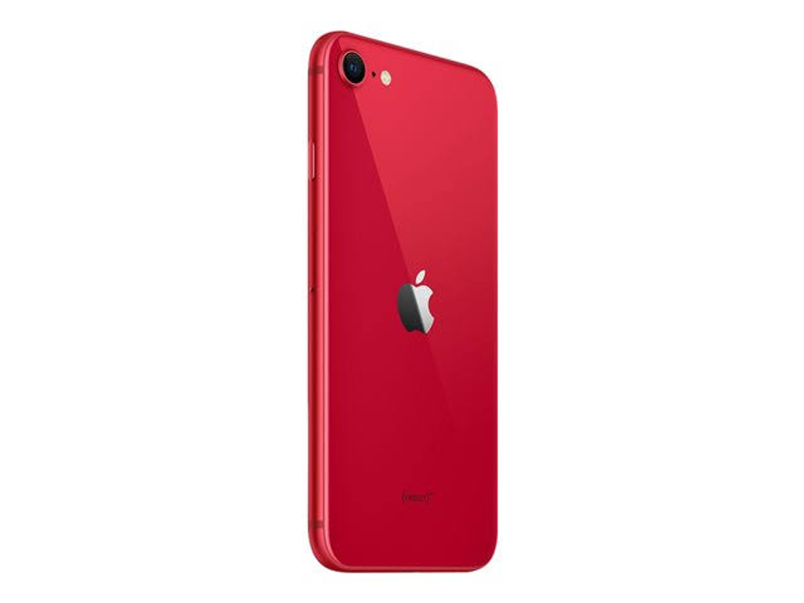 Czerwony iPhone SE (2022) na białym tle. Widoczne logo Apple.